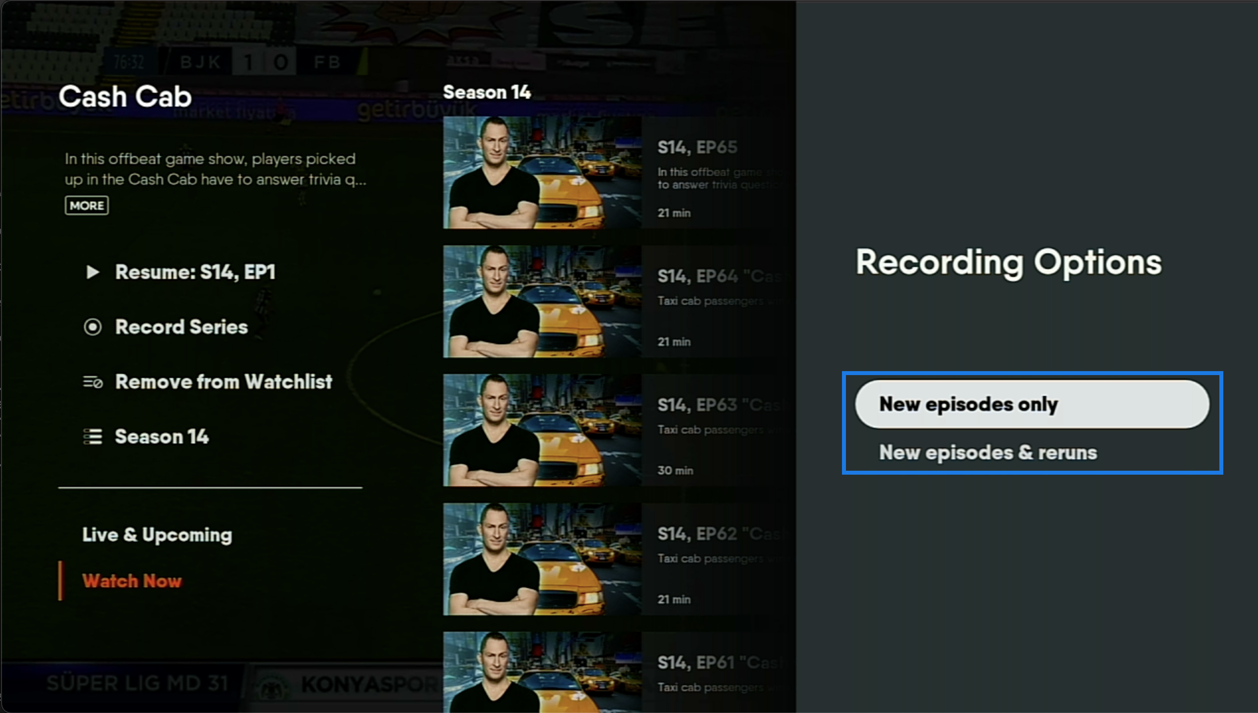 Series details page of the FuboTV app on Roku with recording options shown on the left and options highlighted