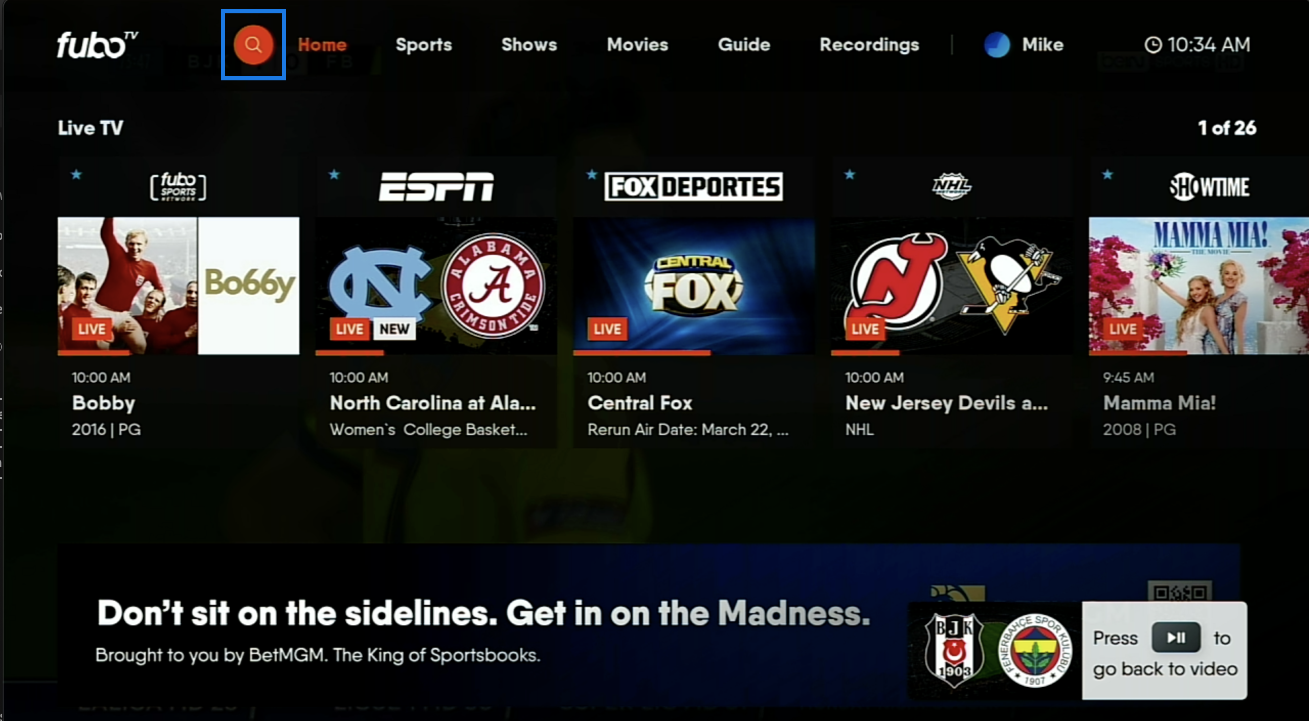 Home screen of the FuboTV app on Roku with search icon highlighted in upper-left
