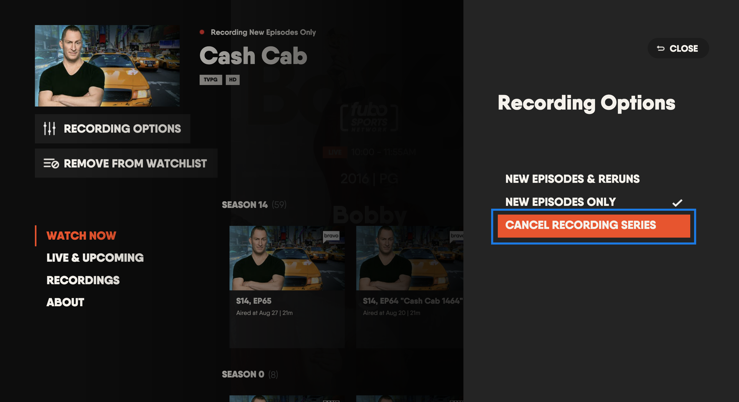 Series details page of the FuboTV app on Samsung Smart TV with recording options shown and CANCEL RECORDING SERIES highlighted