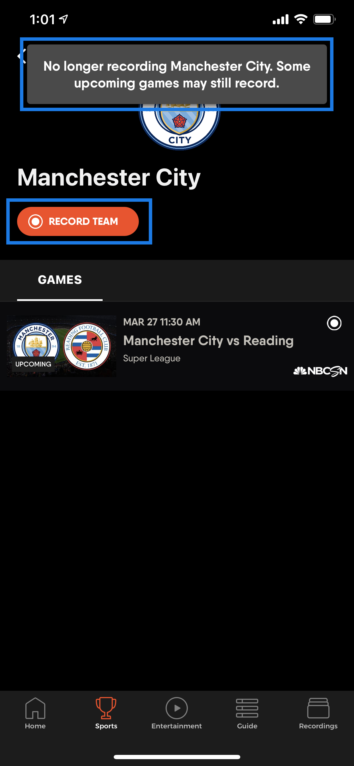 TEAM INFO screen for Manchester City on the FuboTV app for iOS with a confirmation message that matches will no longer be recorded