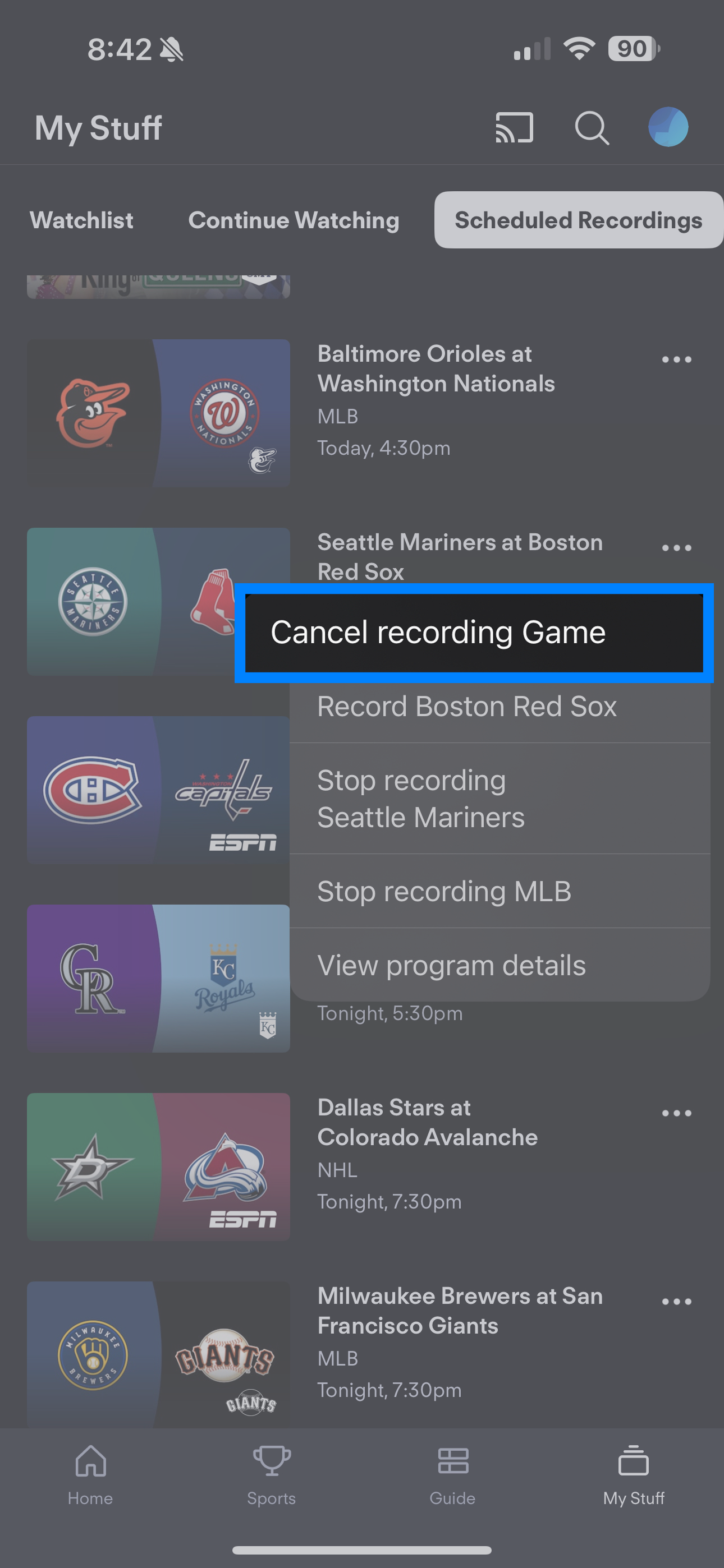 TEAM INFO screen for Manchester City on the FuboTV app for iOS with confirmation message that a recording will be skipped