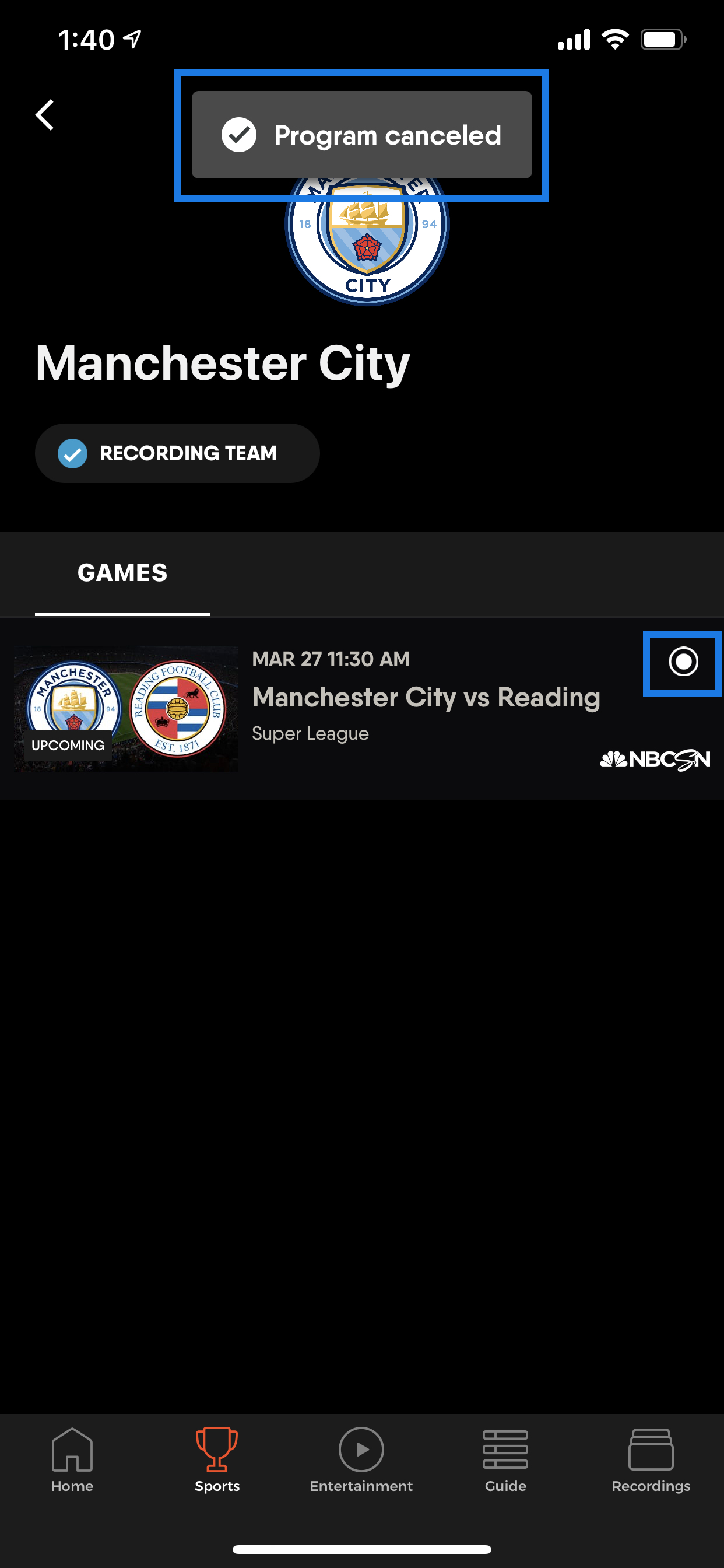 TEAM INFO screen for Manchester City on the FuboTV app for iOS with confirmation message that a recording will be skipped