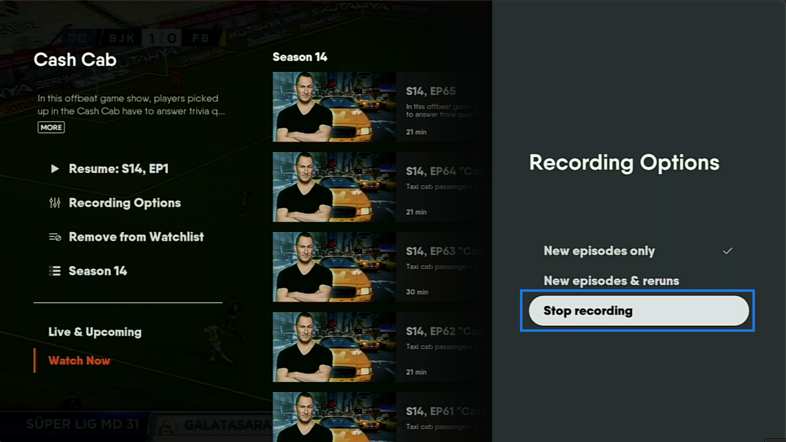 Series details page of the FuboTV app on Roku with recording options shown and STOP RECORDING highlighted