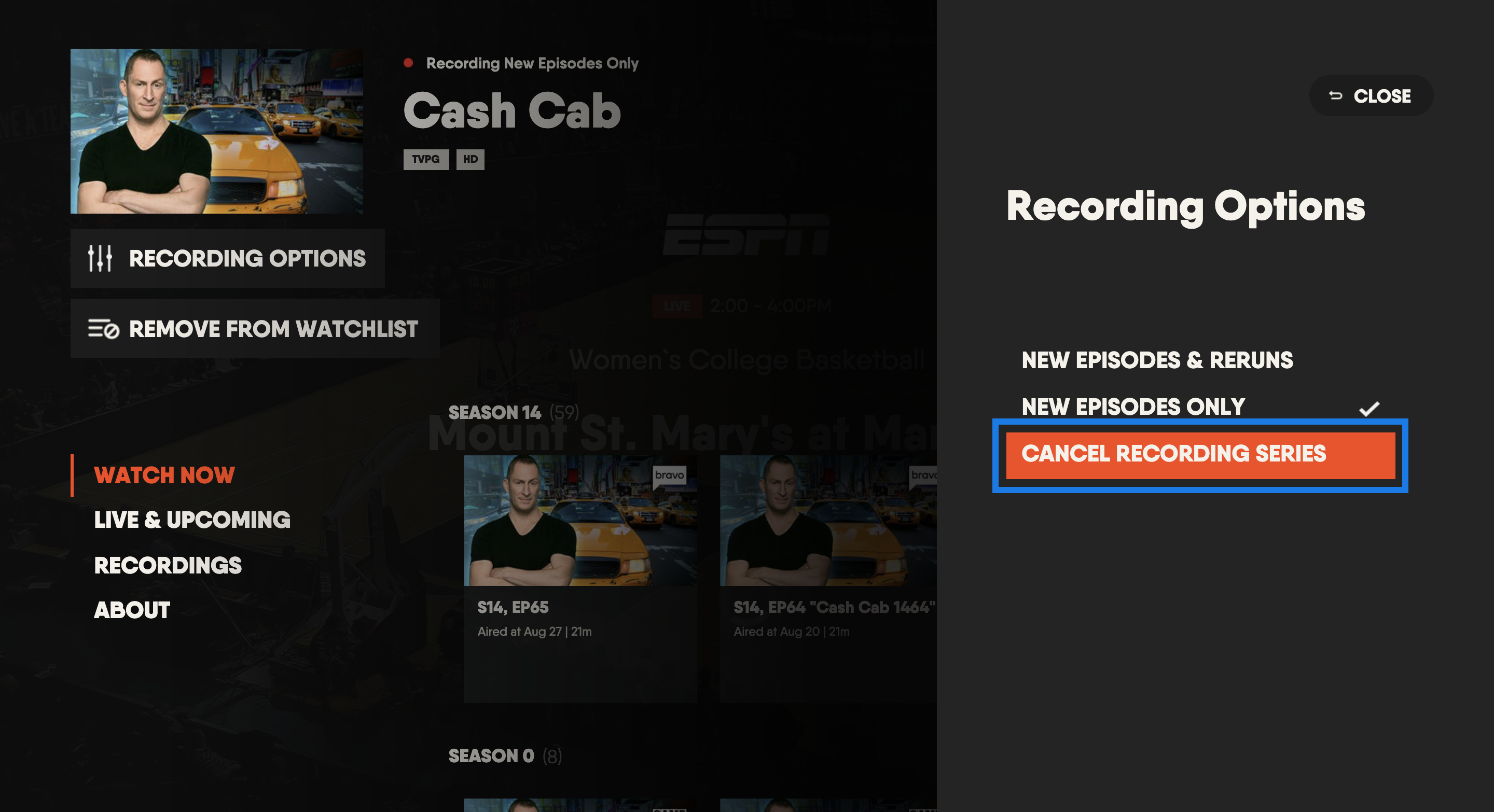 Series details page of the FuboTV app on Xbox with recording options shown on the right and CANCEL RECORDING SERIES highlighted
