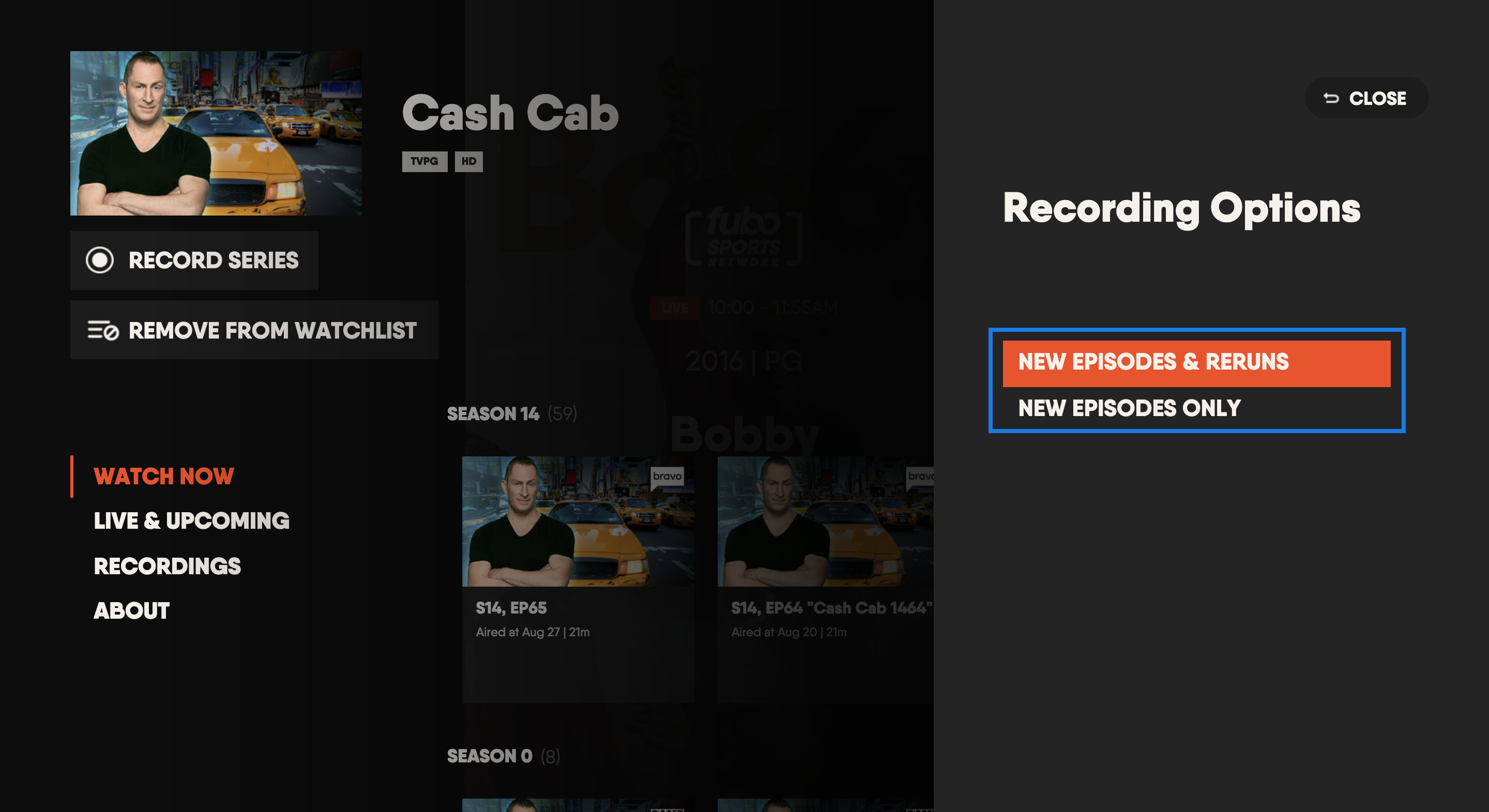 Series details page of the FuboTV app on Xbox with recording options highlighted on the right side of the screen