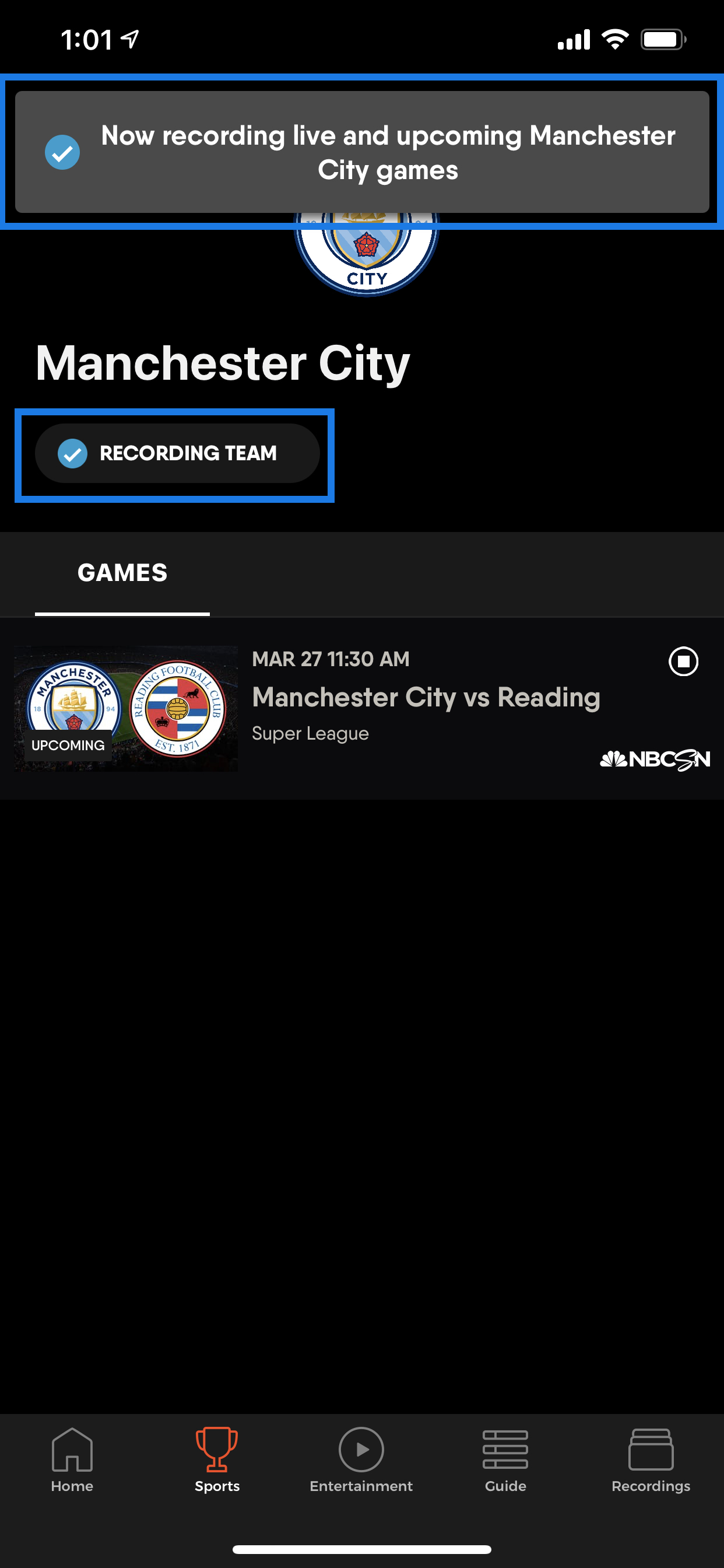 TEAM INFO screen for Manchester City on the FuboTV app for iOS with a confirmation message that all team matches will be recorded