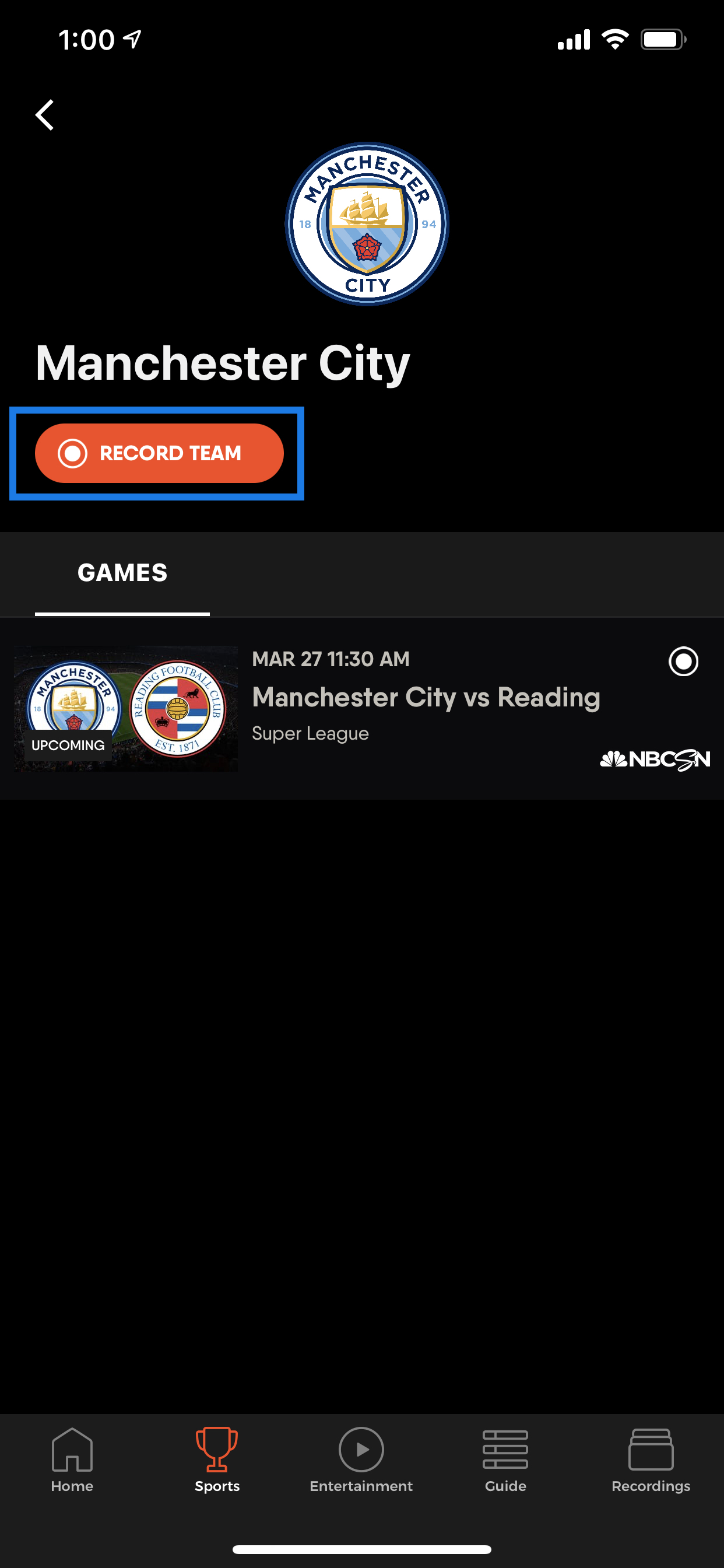TEAM INFO screen for Manchester City on the FuboTV app for iOS with RECORD TEAM option highlighted