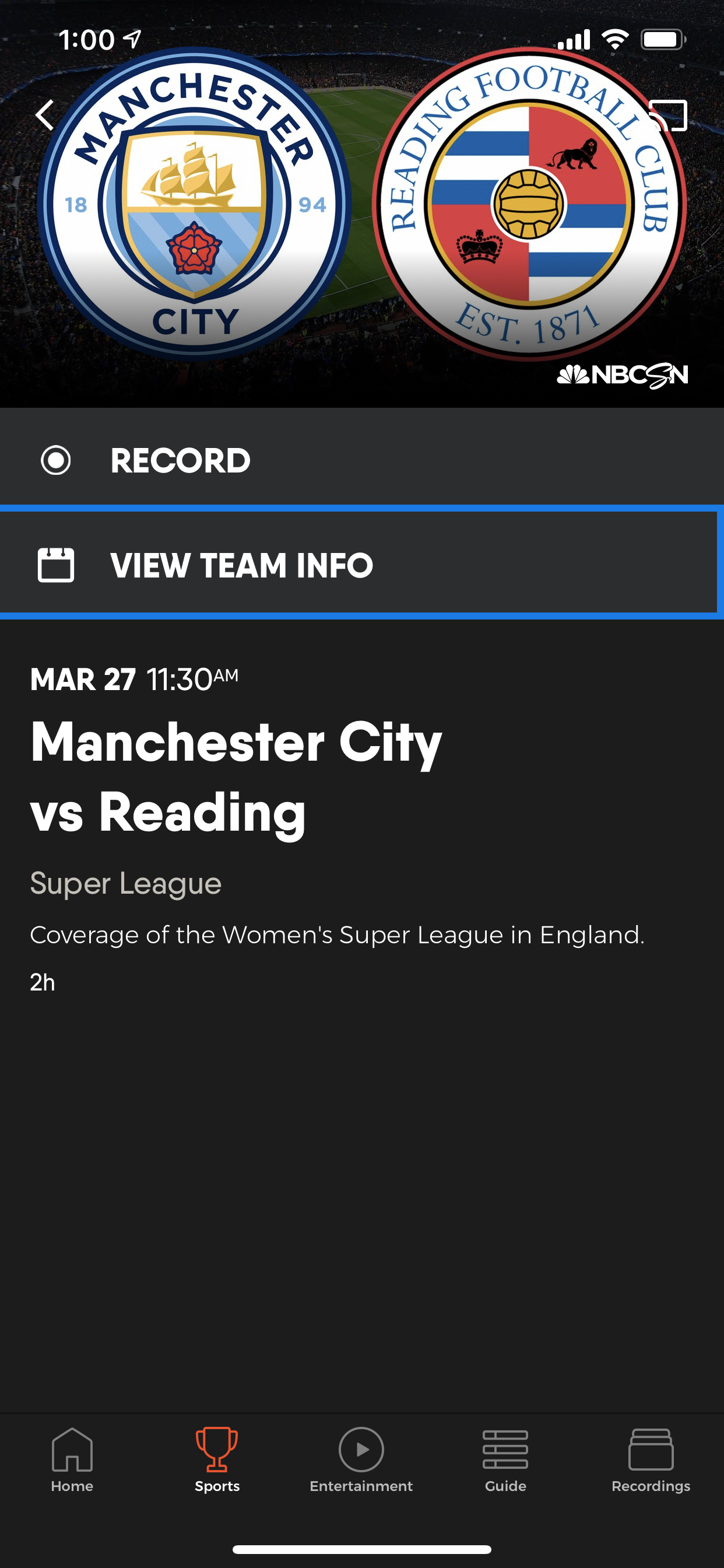 Program information screen for an upcoming soccer match on the FuboTV app for iOS with TEAM INFO button highlighted