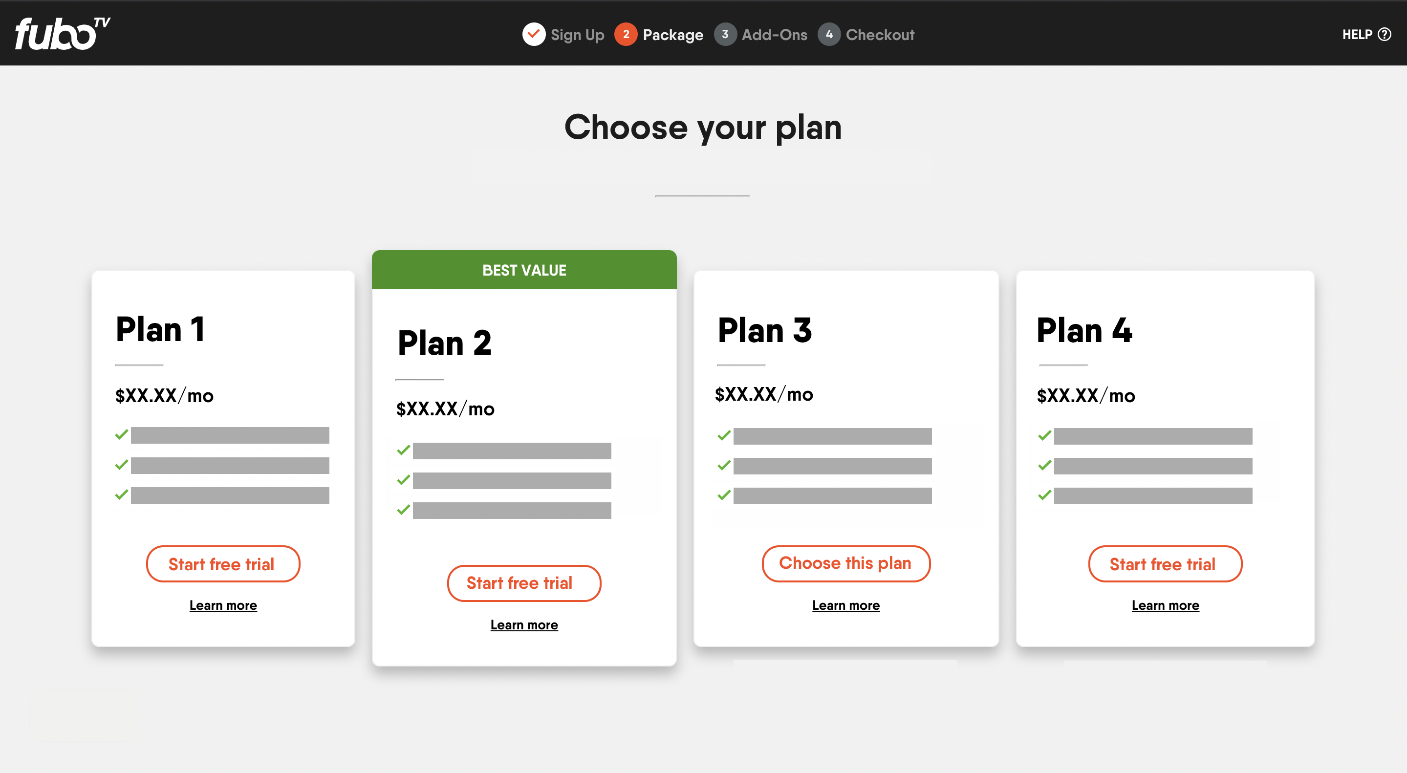 Generic plan selection screen for FuboTV; choose the plan that best first what you're looking for