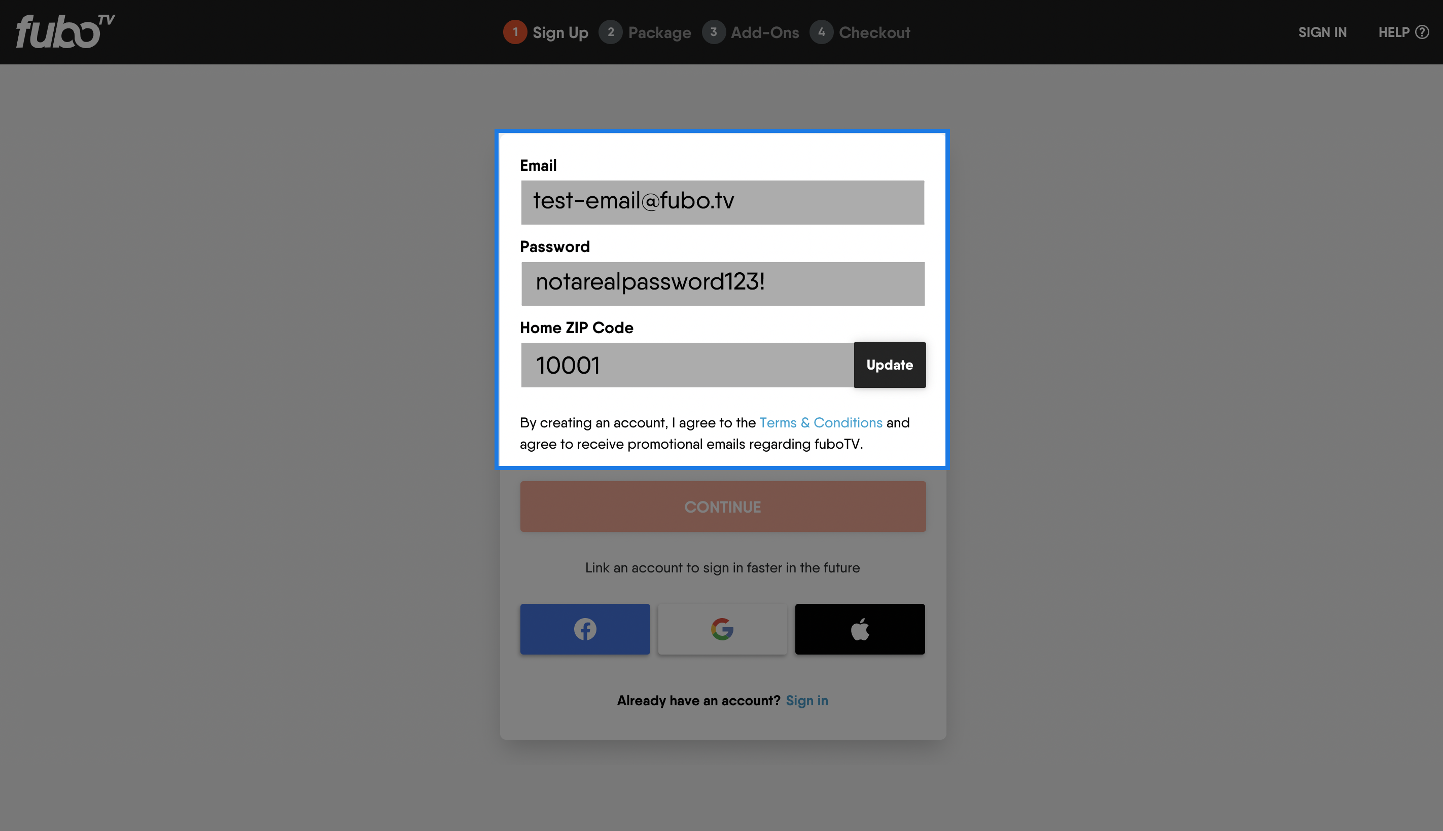 FuboTV account creation first step with fields for EMAIL ADDRESS, PASSWORD, and ZIP CODE highlighted