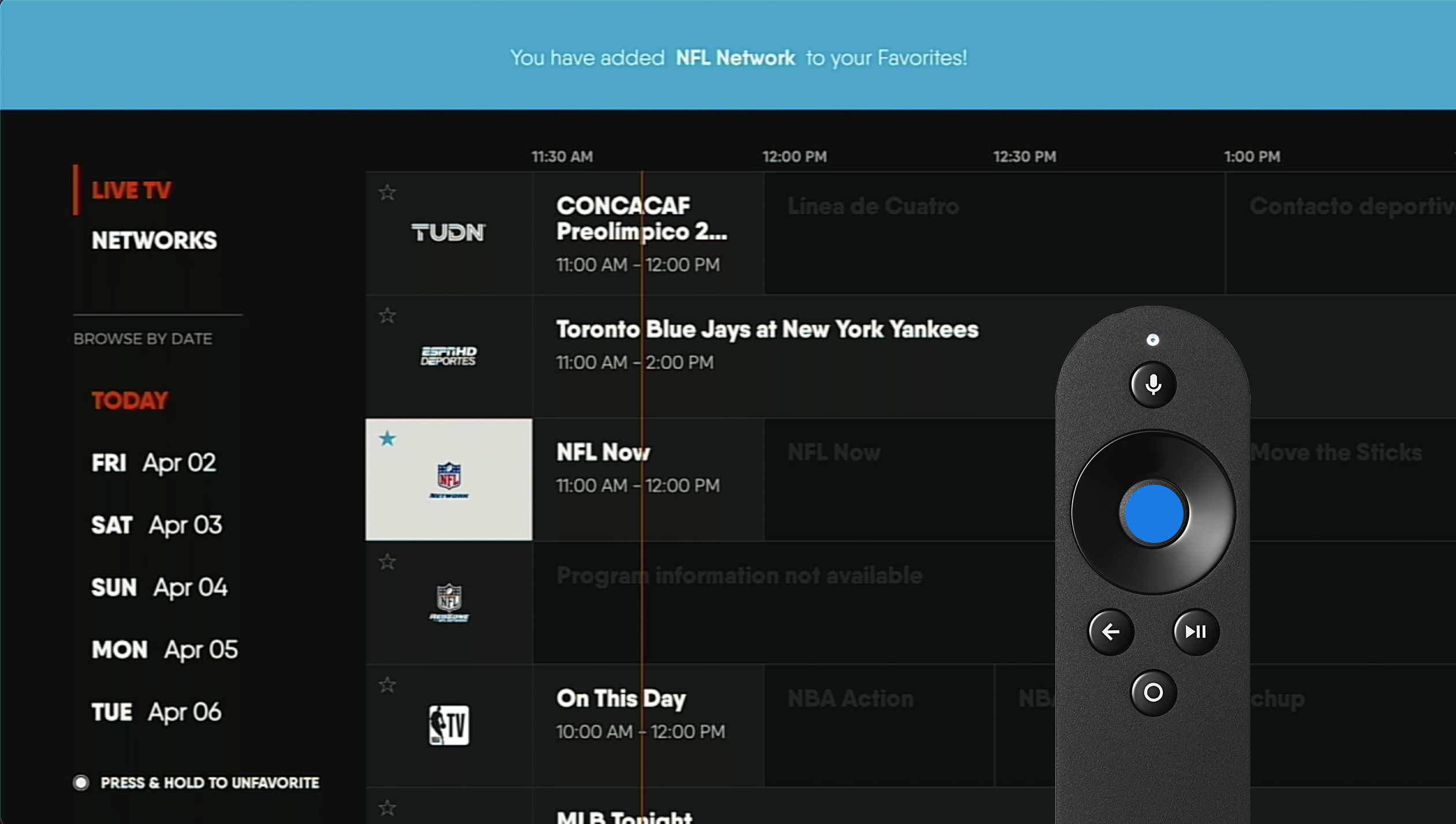 GUIDE screen for the FuboTV app on Android TV with a favorited channel overlaid by a remote showing a long press on the center button