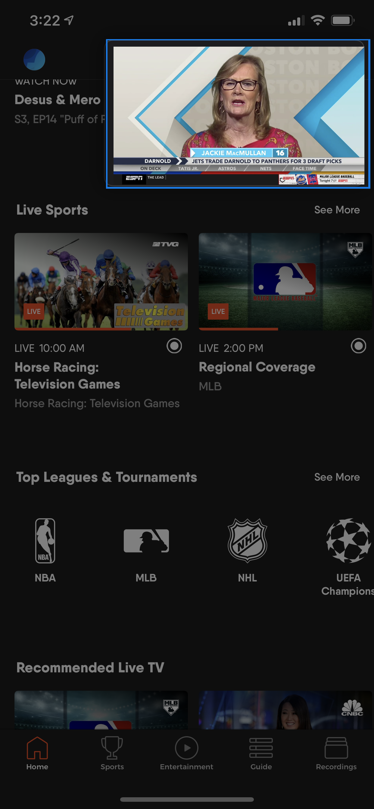 With the mini-player open, you can browse different screens for the FuboTV iOS app to find a different program