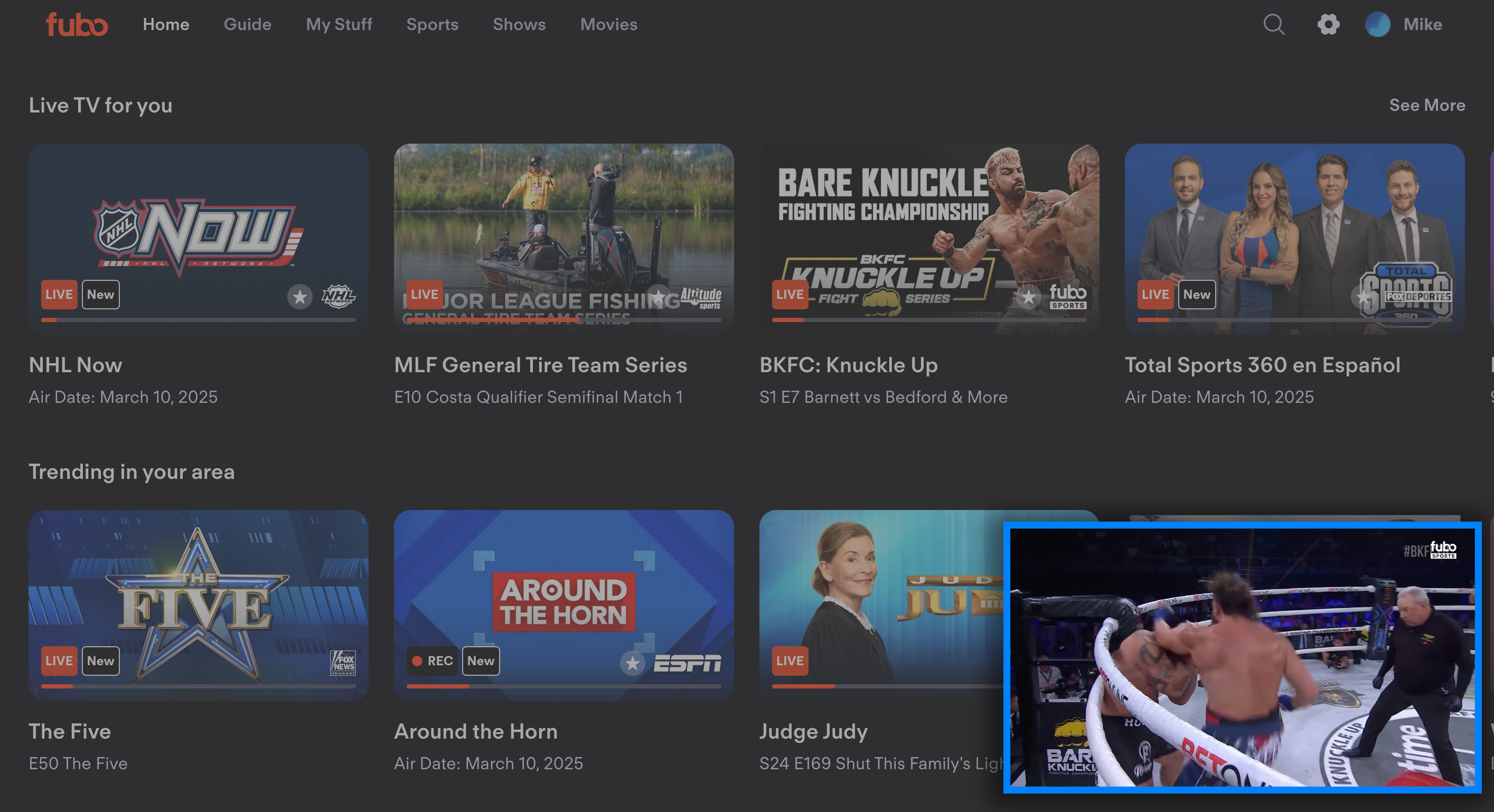 The mini-player for the FuboTV browser app appears in the lower-right corner of the screen