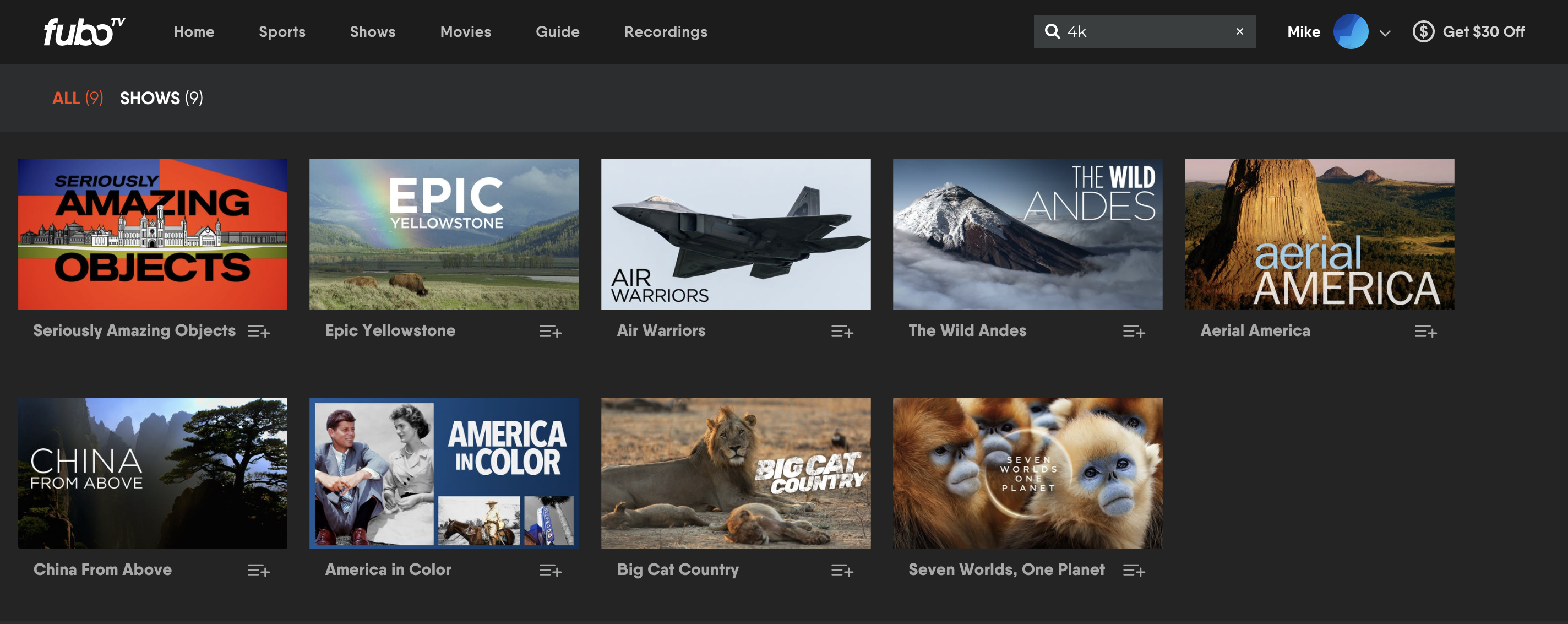 Search results in the FuboTV app showing 4K HDR programming available On Demand
