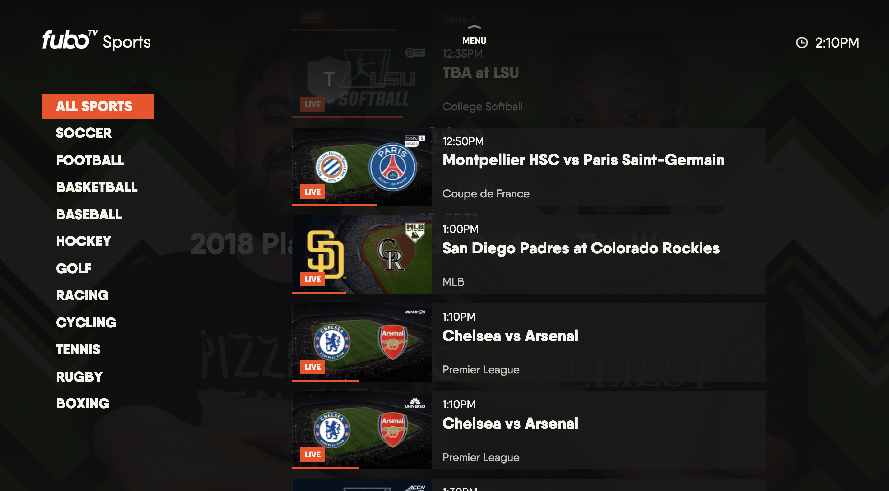 SPORTS screen for the FuboTV app on LG TV with individual sports filters highlighted