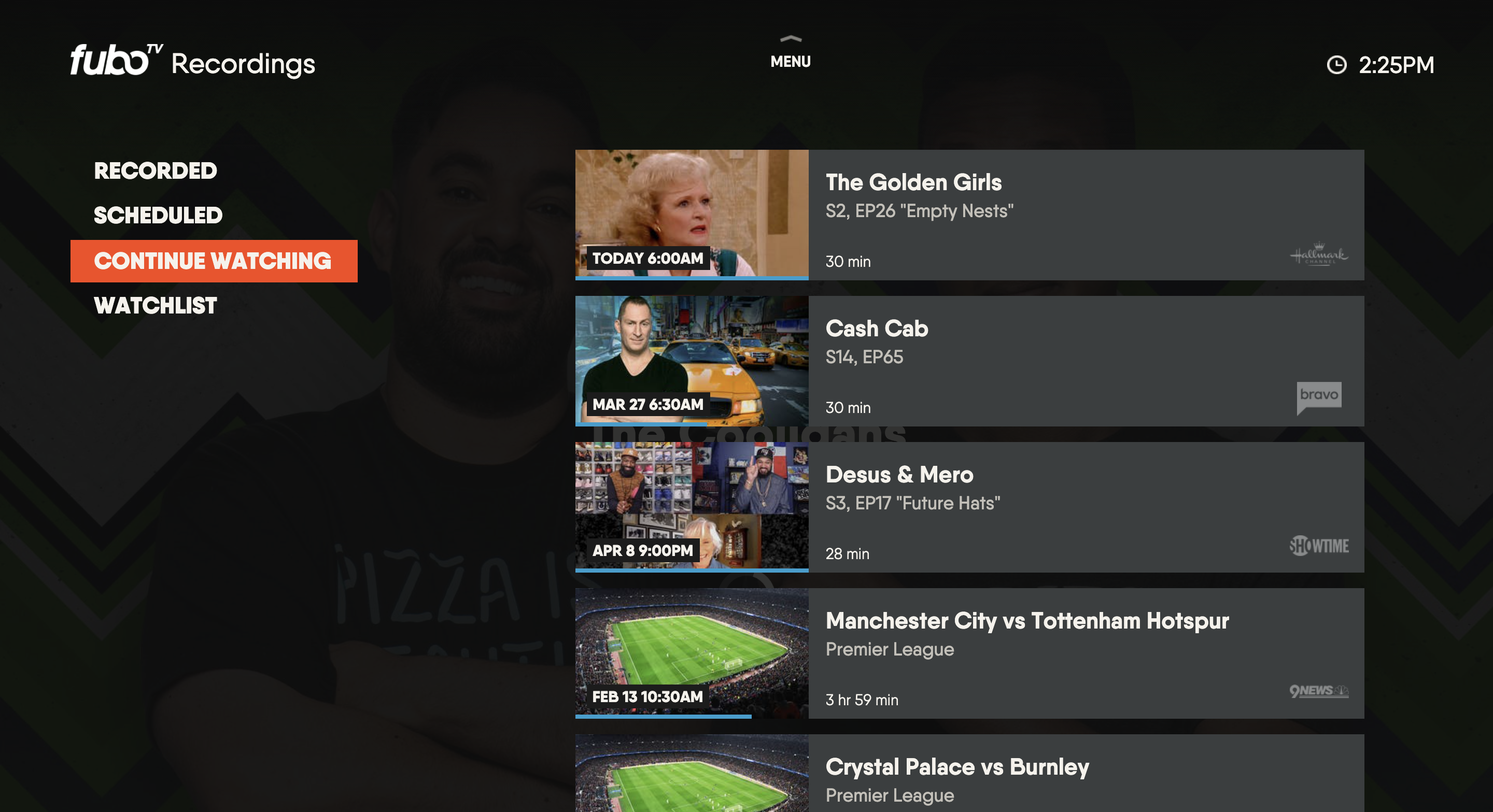 Previously-viewed programming shown from the CONTINUE WATCHING tab of the MY STUFF page for the FuboTV app on LG TV