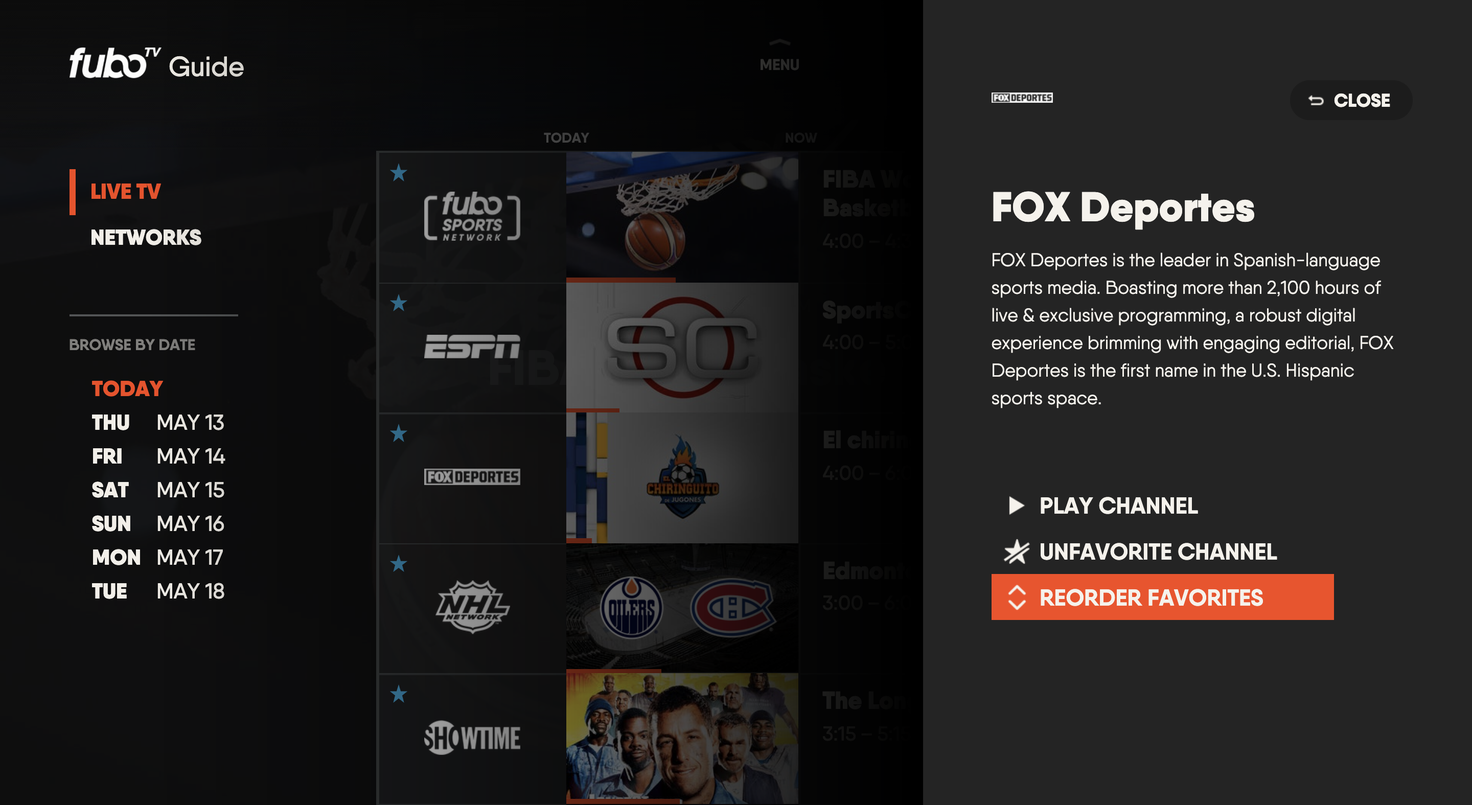 CHANNEL INFORMATION screen for the FuboTV app on a smart TV with REORDER FAVORITES highlighted