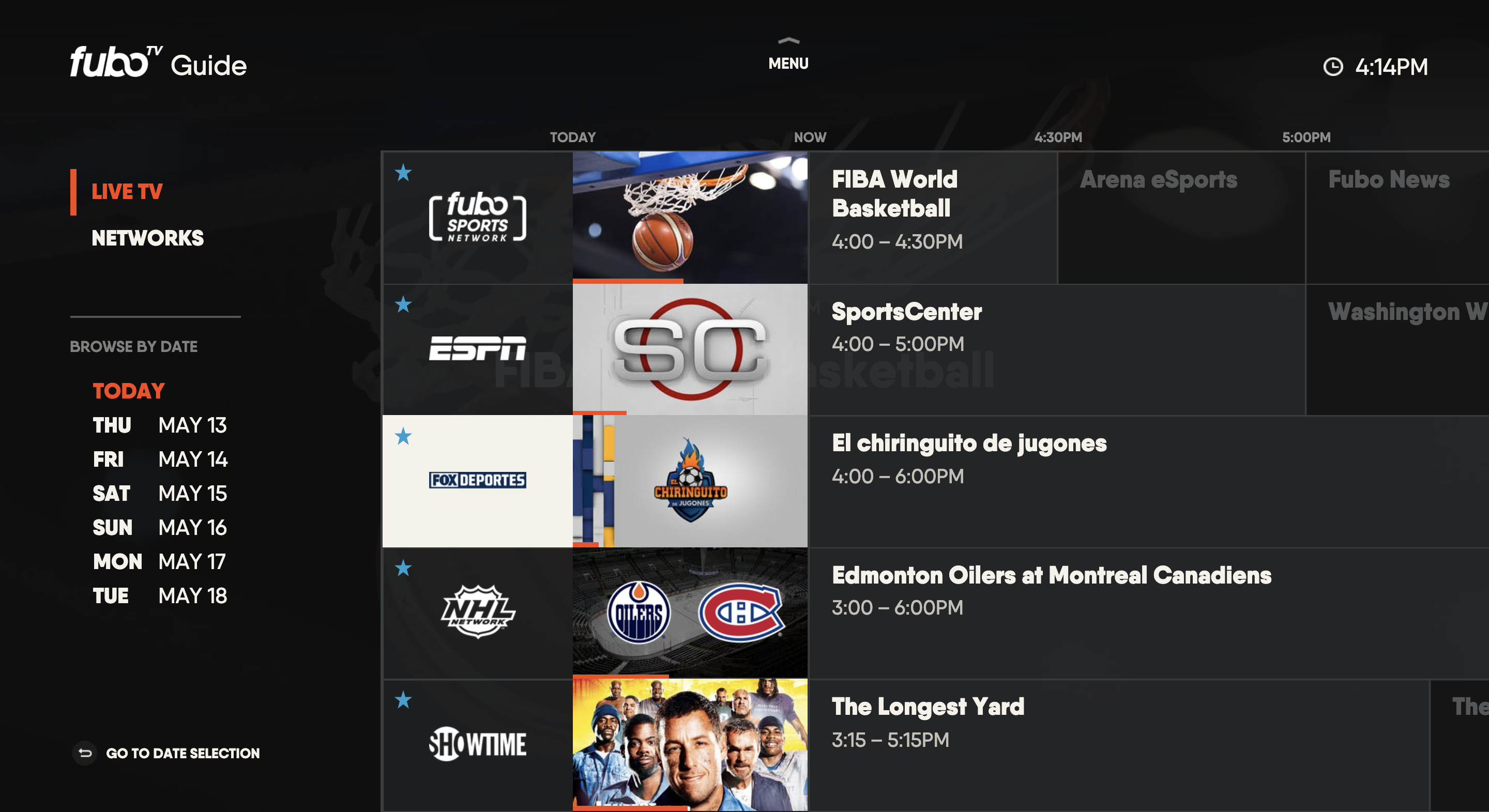 GUIDE screen of the FuboTV app for Xbox with a favorited channel highlighted