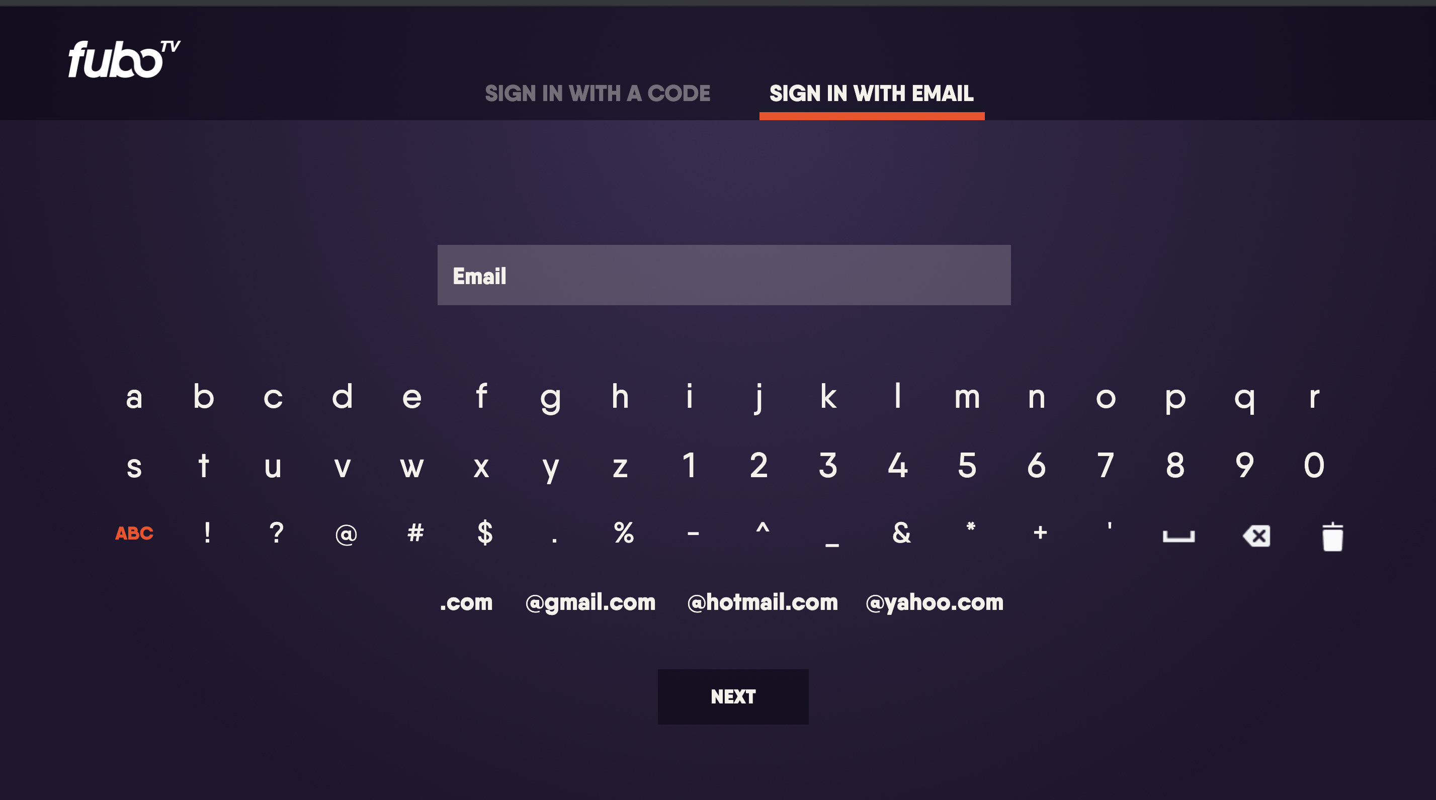 Manual sign in screen for the FuboTV app on LG TV; sign in by entering email and password using the remote and on-screen keyboard