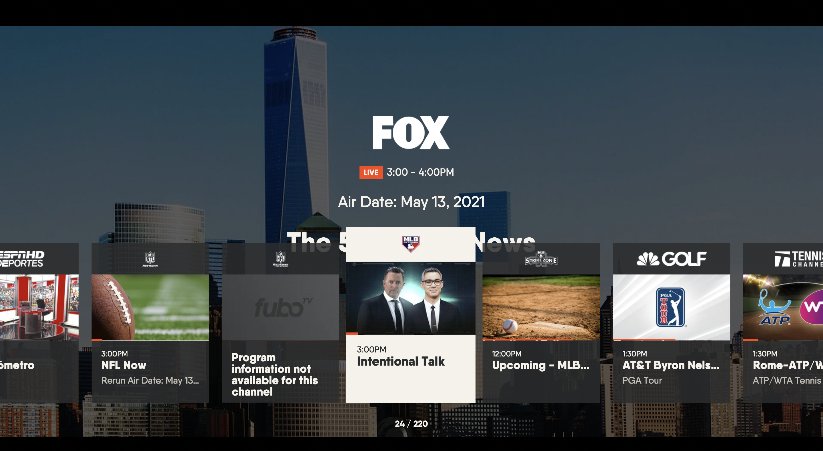 Use the left or right arrows on the remote to find a new channel from the browse while watching menu for the FuboTV app on Vizio, select OK/Enter to view the new channel