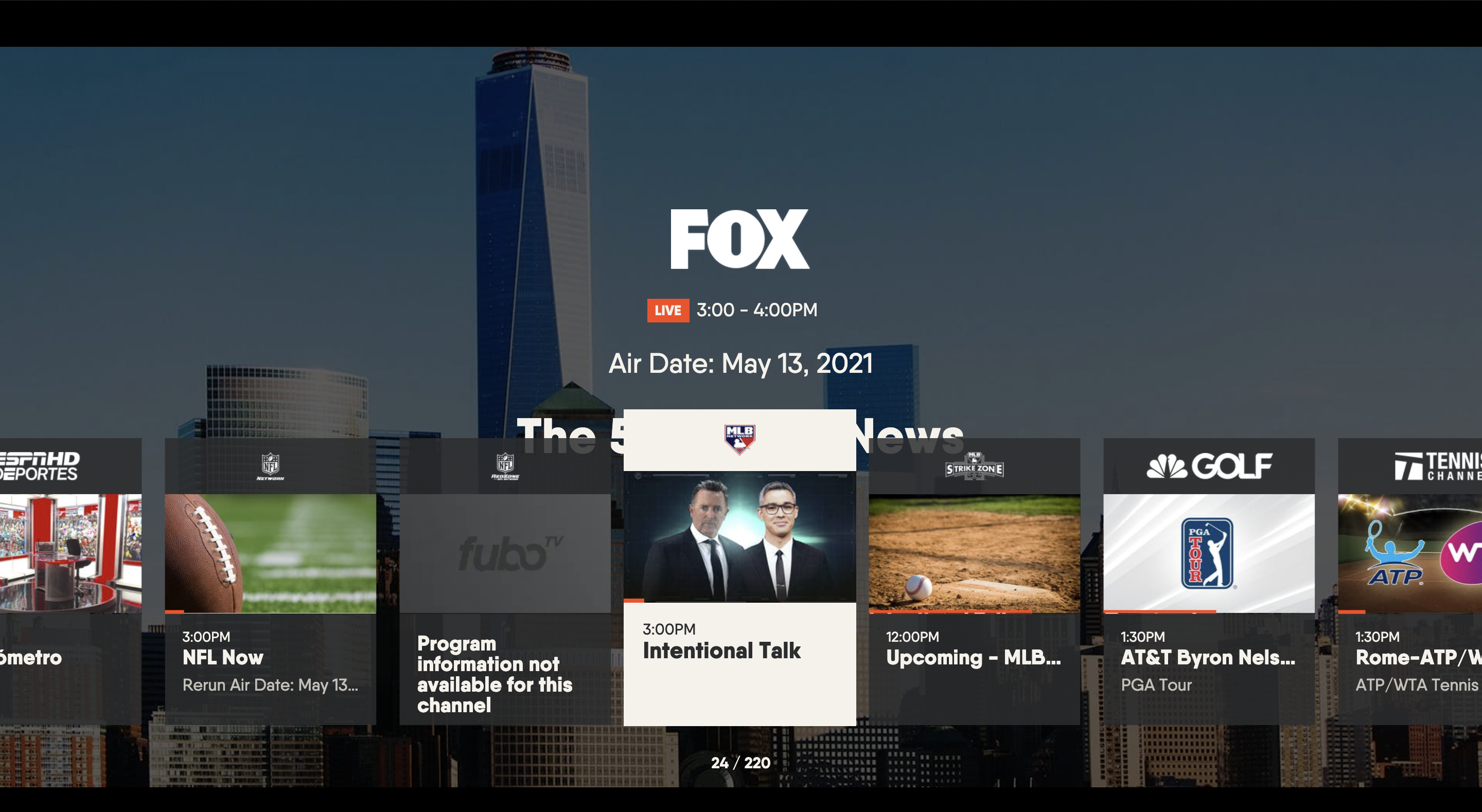 Use the left or right arrows to browse different channels on the FuboTV app for LG TV; press OK/ENTER to select a new channel