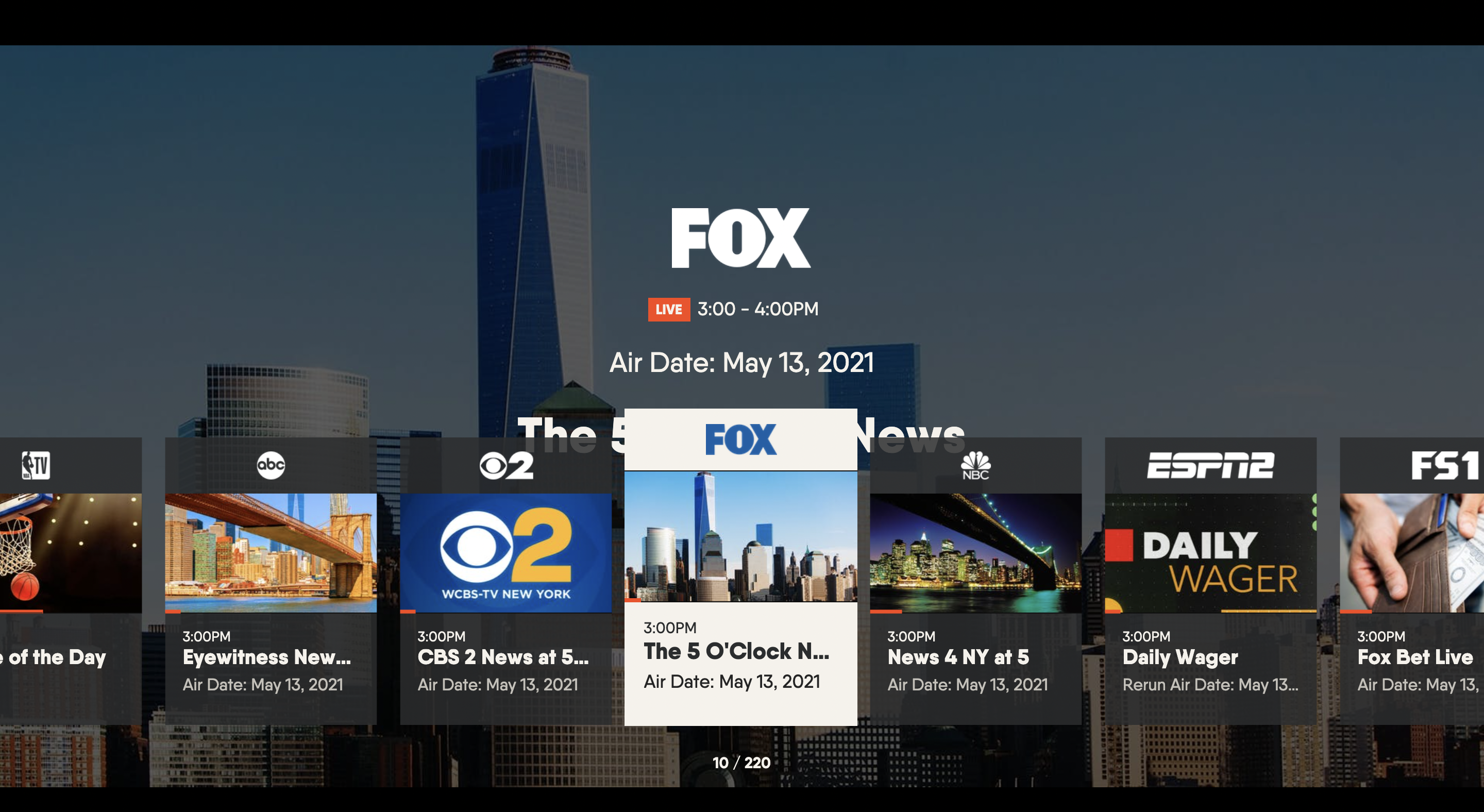 The browse while watching menu for the FuboTV app on LG TV, accessible by selecting OK/ENTER on the remote