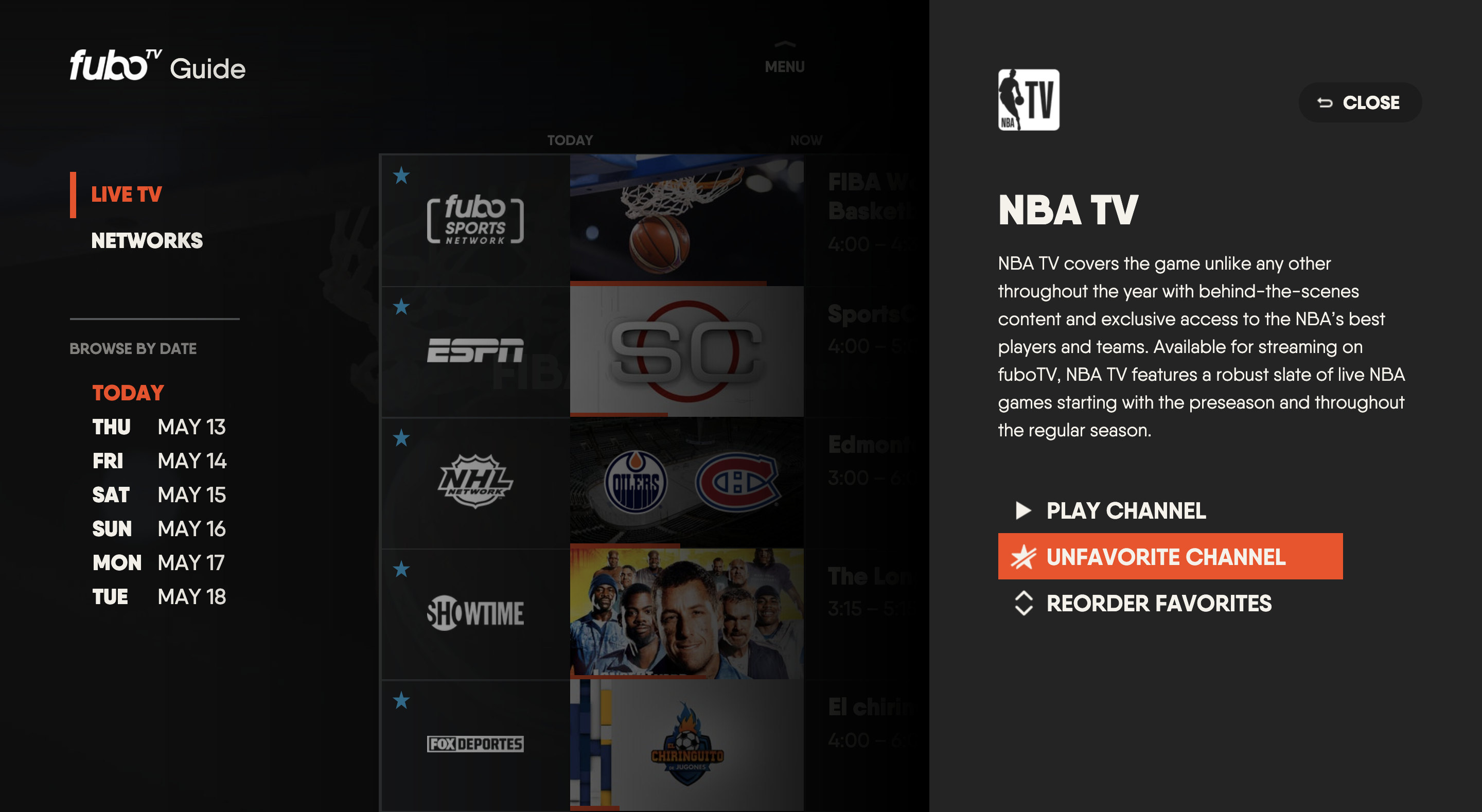 Channel details screen for the FuboTV app on Vizio TV with UNFAVORITE CHANNEL highlighted; select to remove channel from favorites