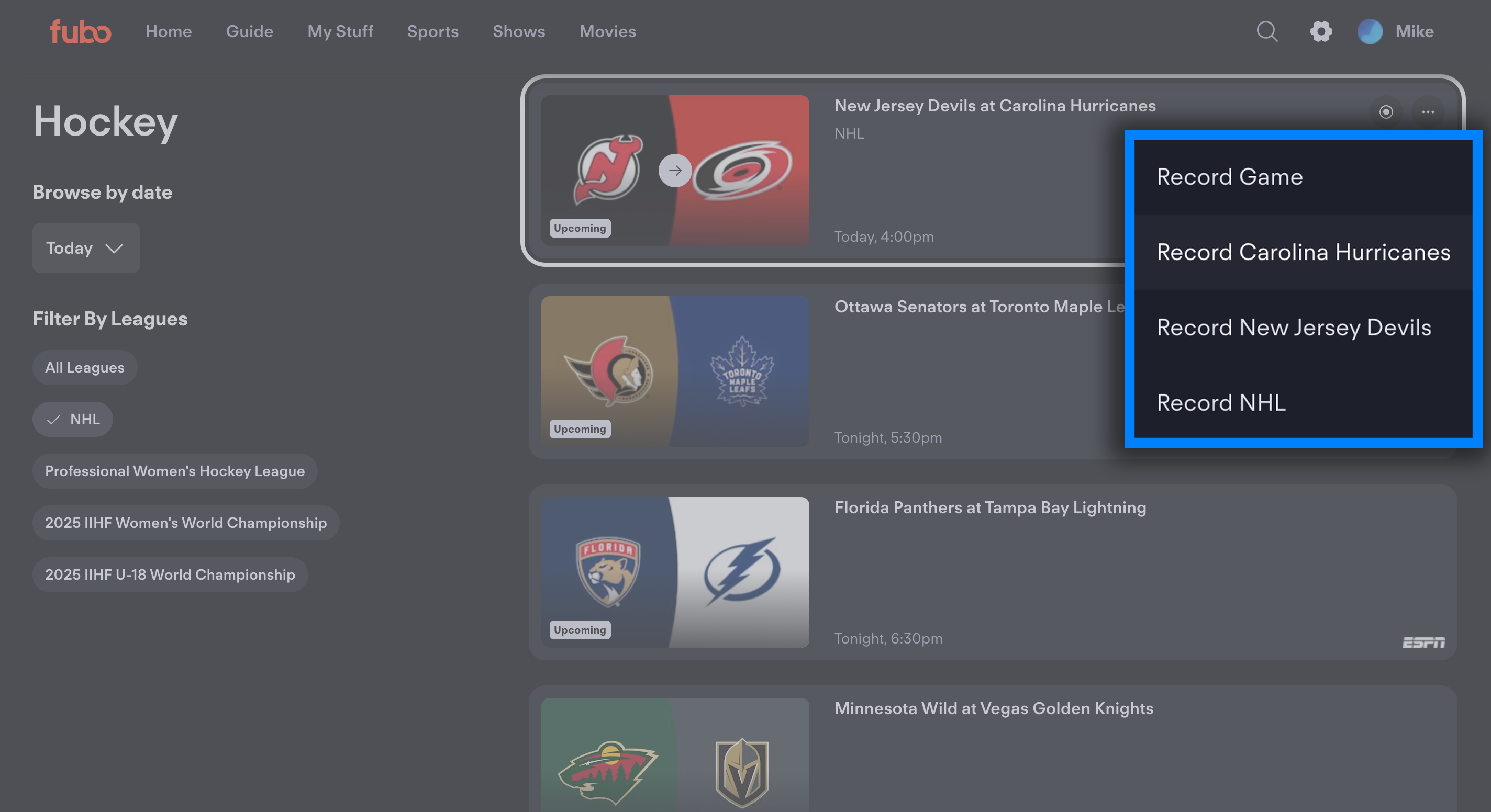 SPORTS screen of FuboTV on a browser with RECORDING OPTIONS selected and highlighted