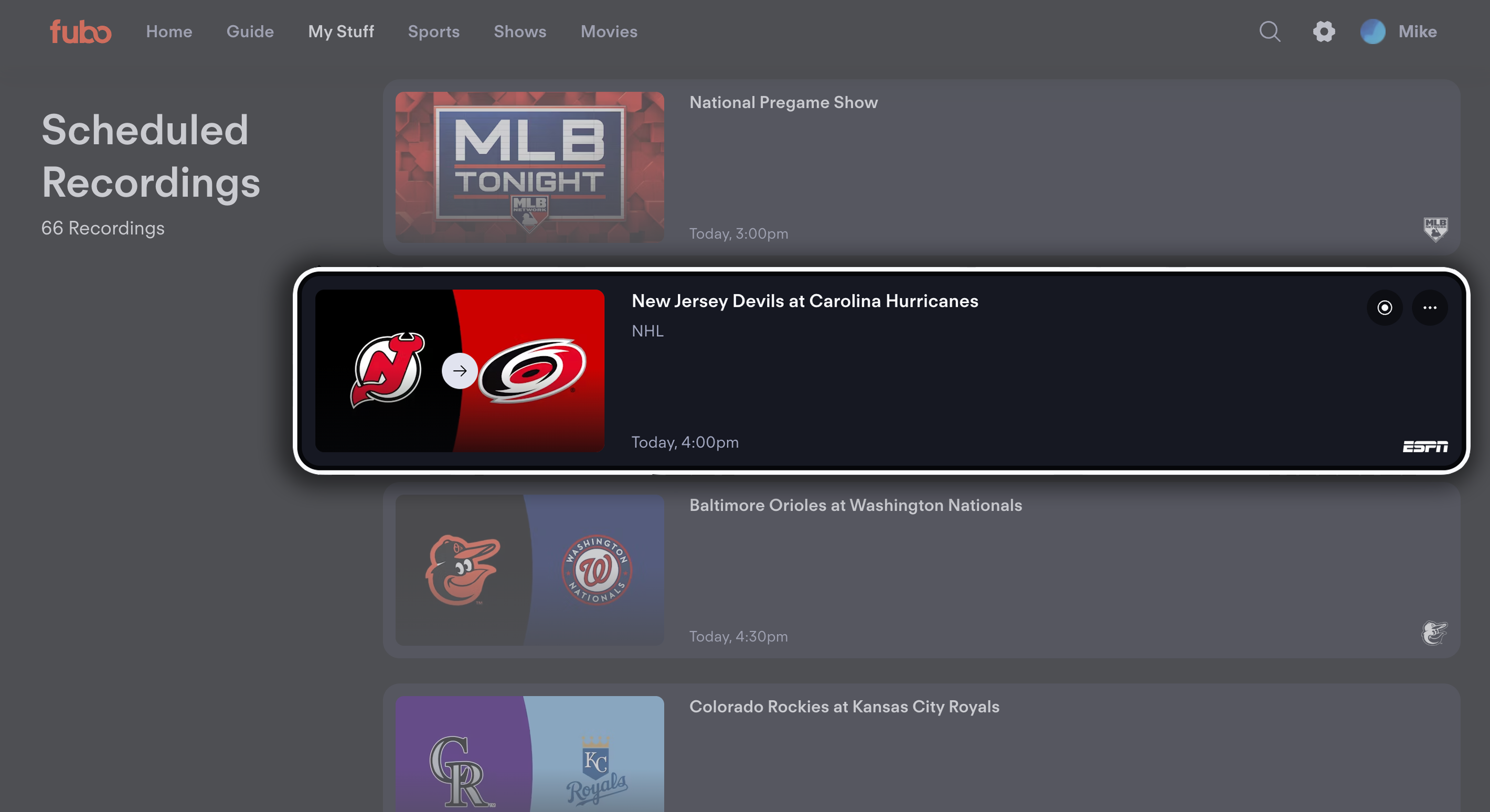 SCHEDULED recordings on the MY STUFF page of FuboTV on a browser
