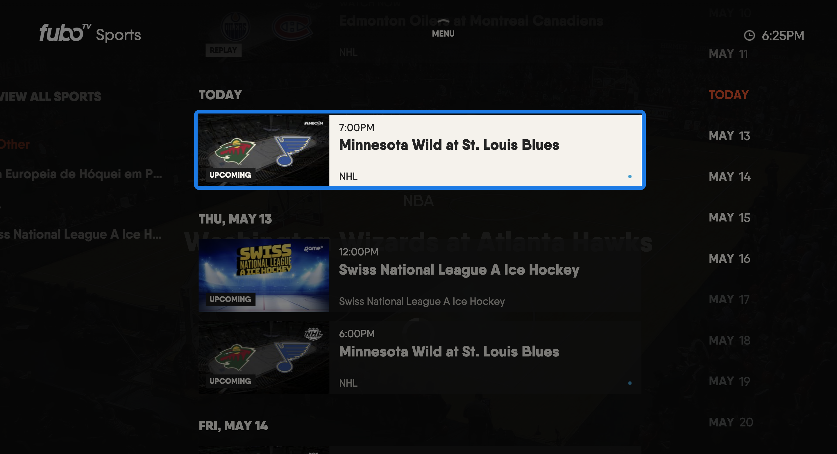 SPORTS screen of the FuboTV app on a Smart TV with an upcoming hockey game highlighted