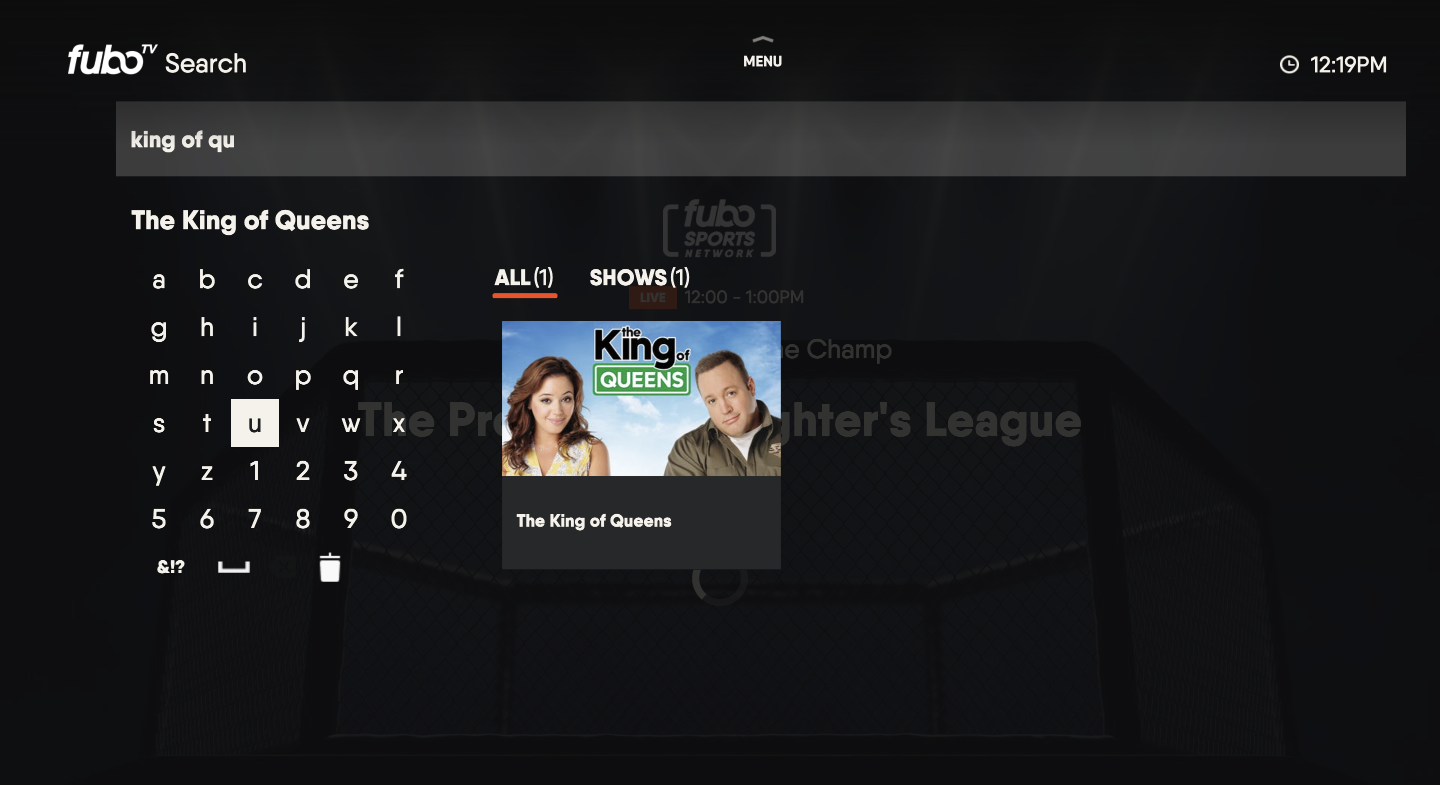 Search page of the FuboTV app on Vizio TV with on-screen keyboard