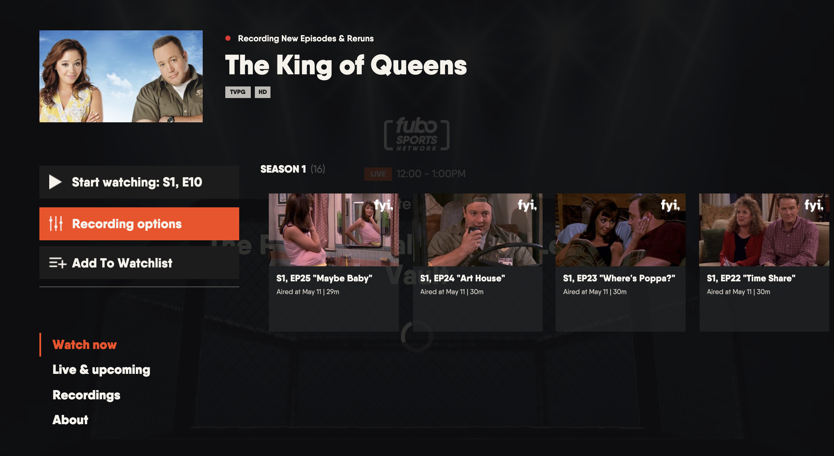 Series details page of the FuboTV app on Vizio TV with RECORDING OPTIONS highlighted along the left of the screen