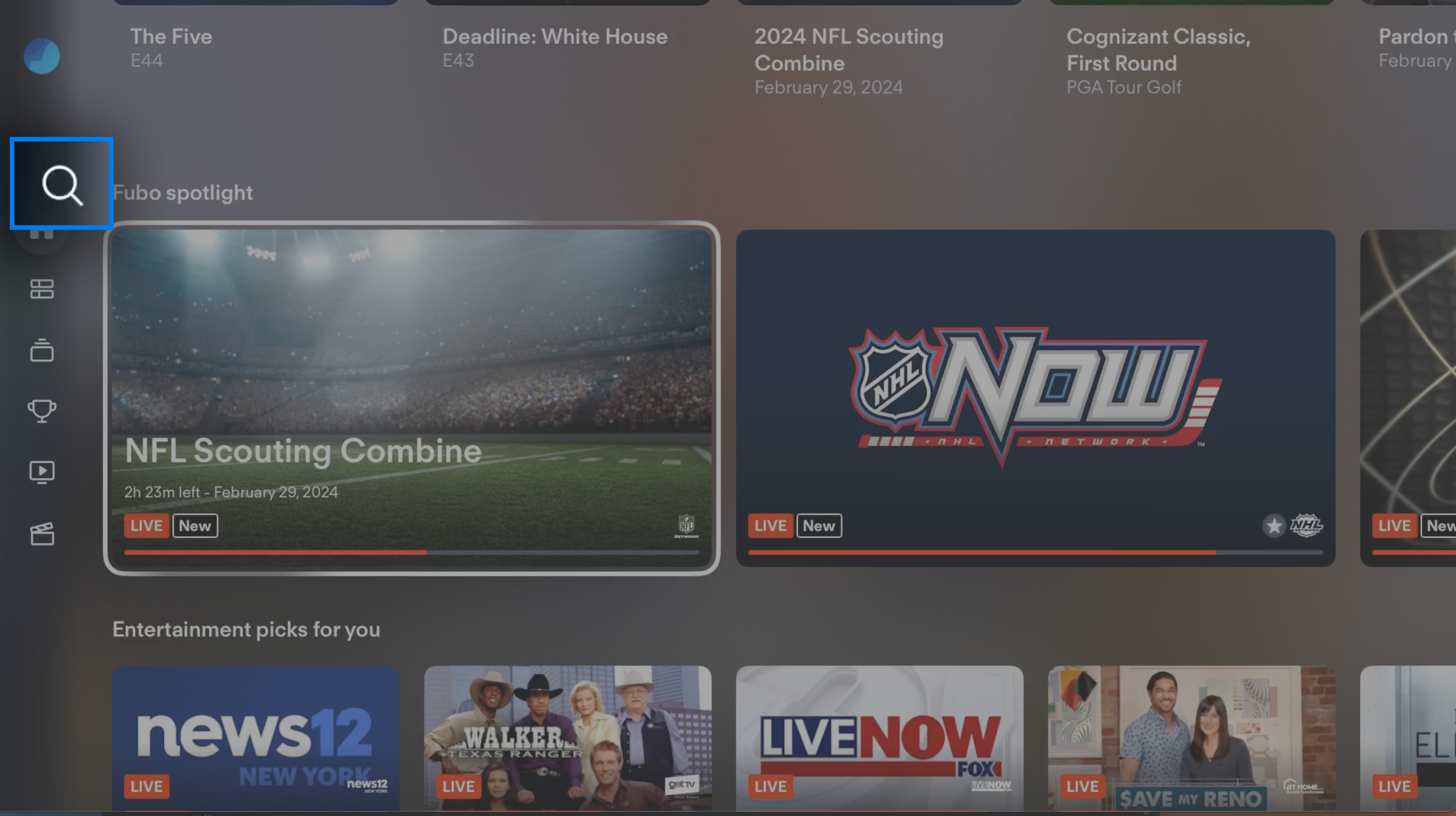 Home screen of the FuboTV app on a connected device with the search icon highlighted at top left