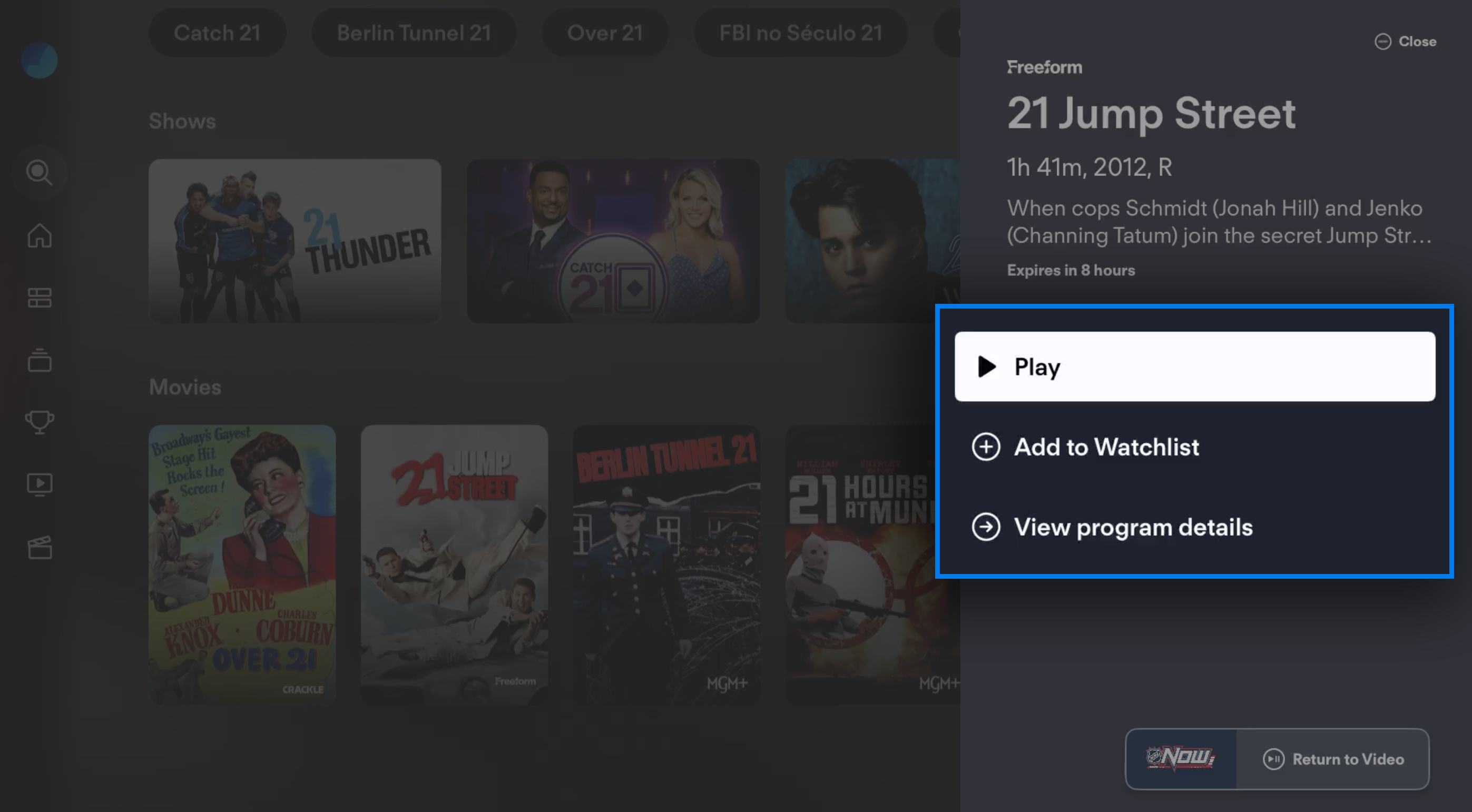 Program information screen from a search result in the FuboTV app on a connected device