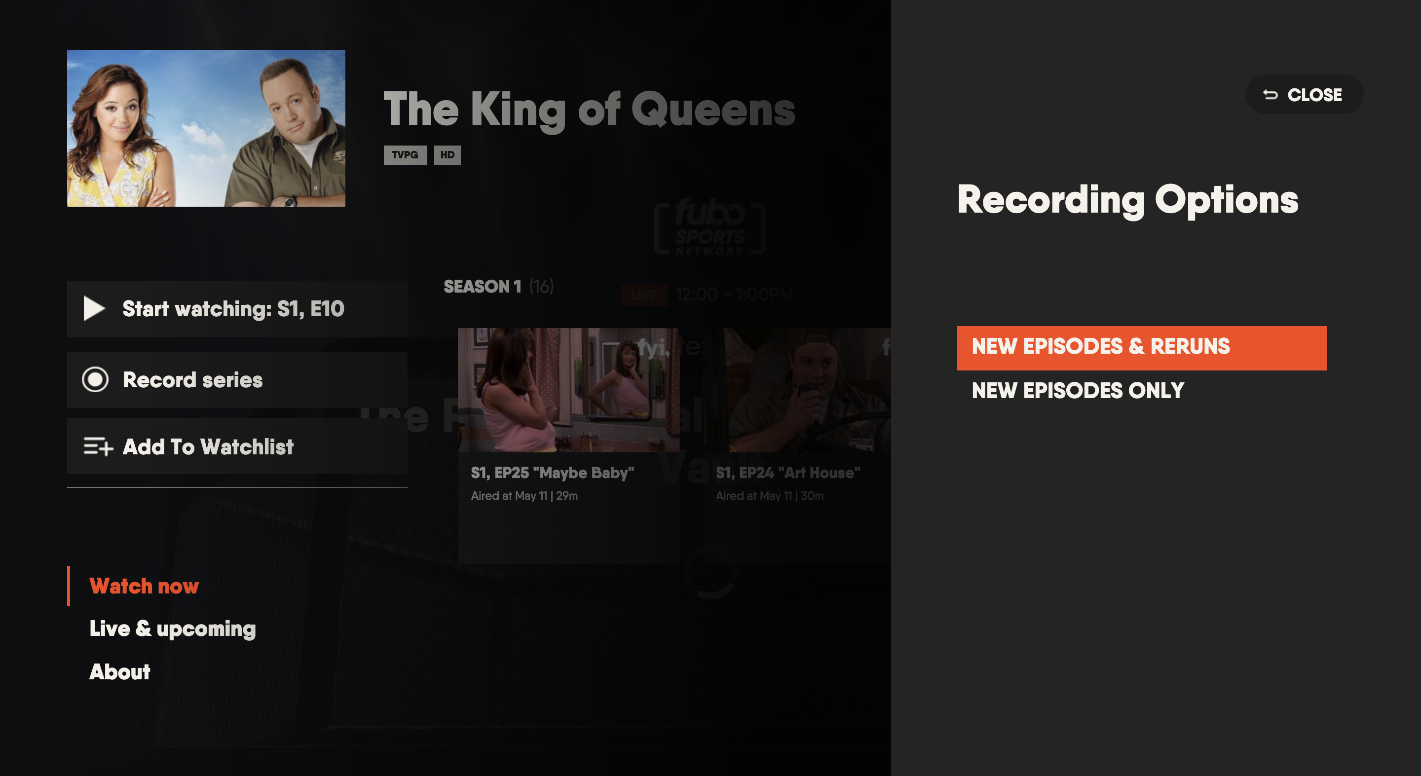 Series details page of the FuboTV app on Vizio TV with recording options shown along the right side of the screen