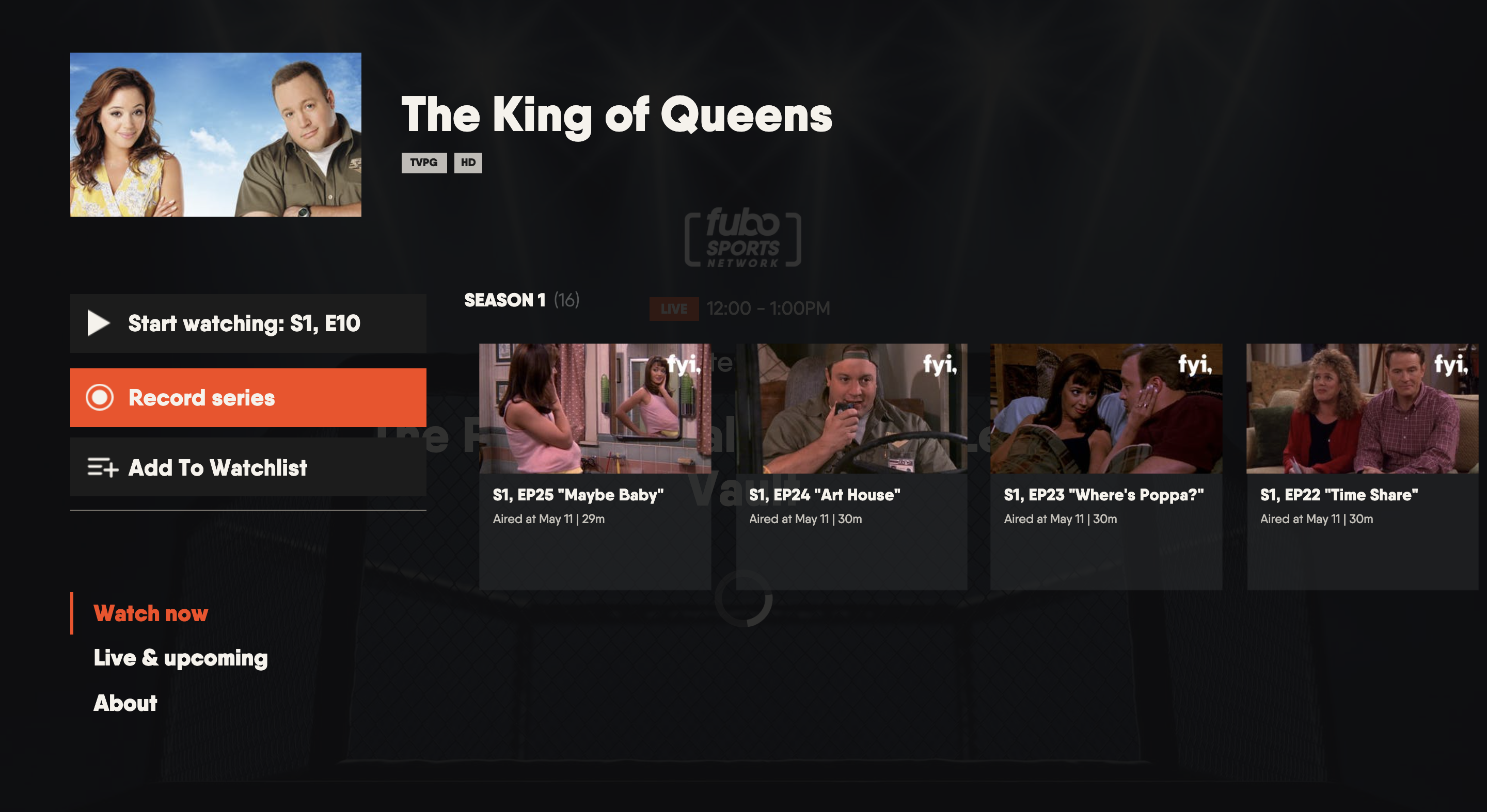 Series details page of the FuboTV app on LG TV with RECORD SERIES button highlighted