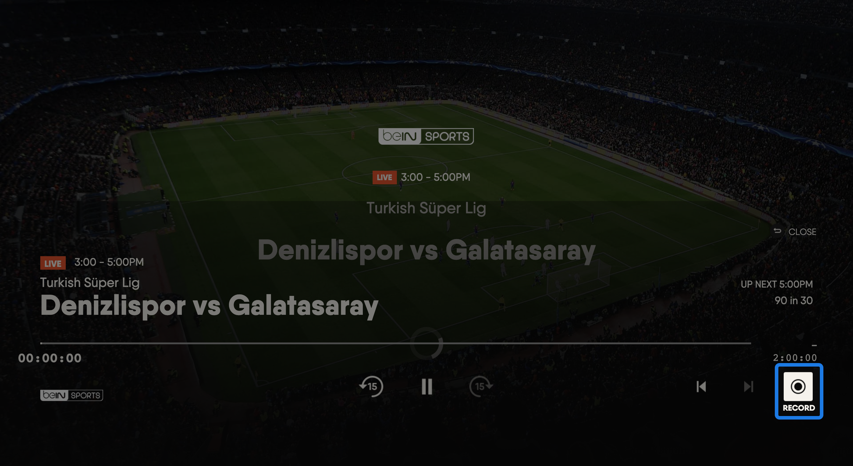 Player controls on live video for the FuboTV app on Vizio TV with the RECORD option highlighted