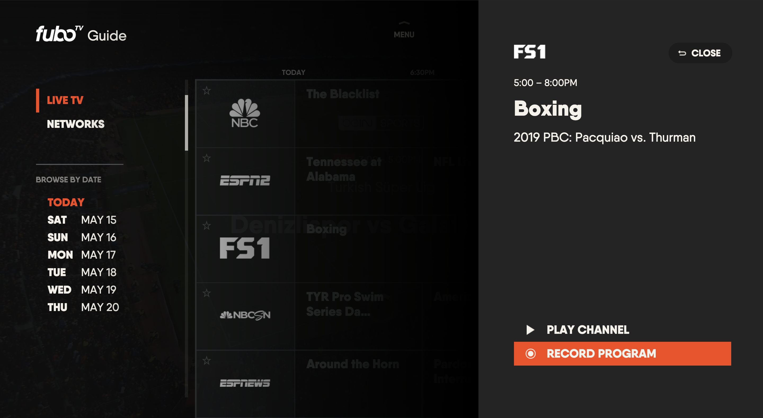 Program information screen on the FuboTV app for LG TV for an upcoming program with RECORD highlighted