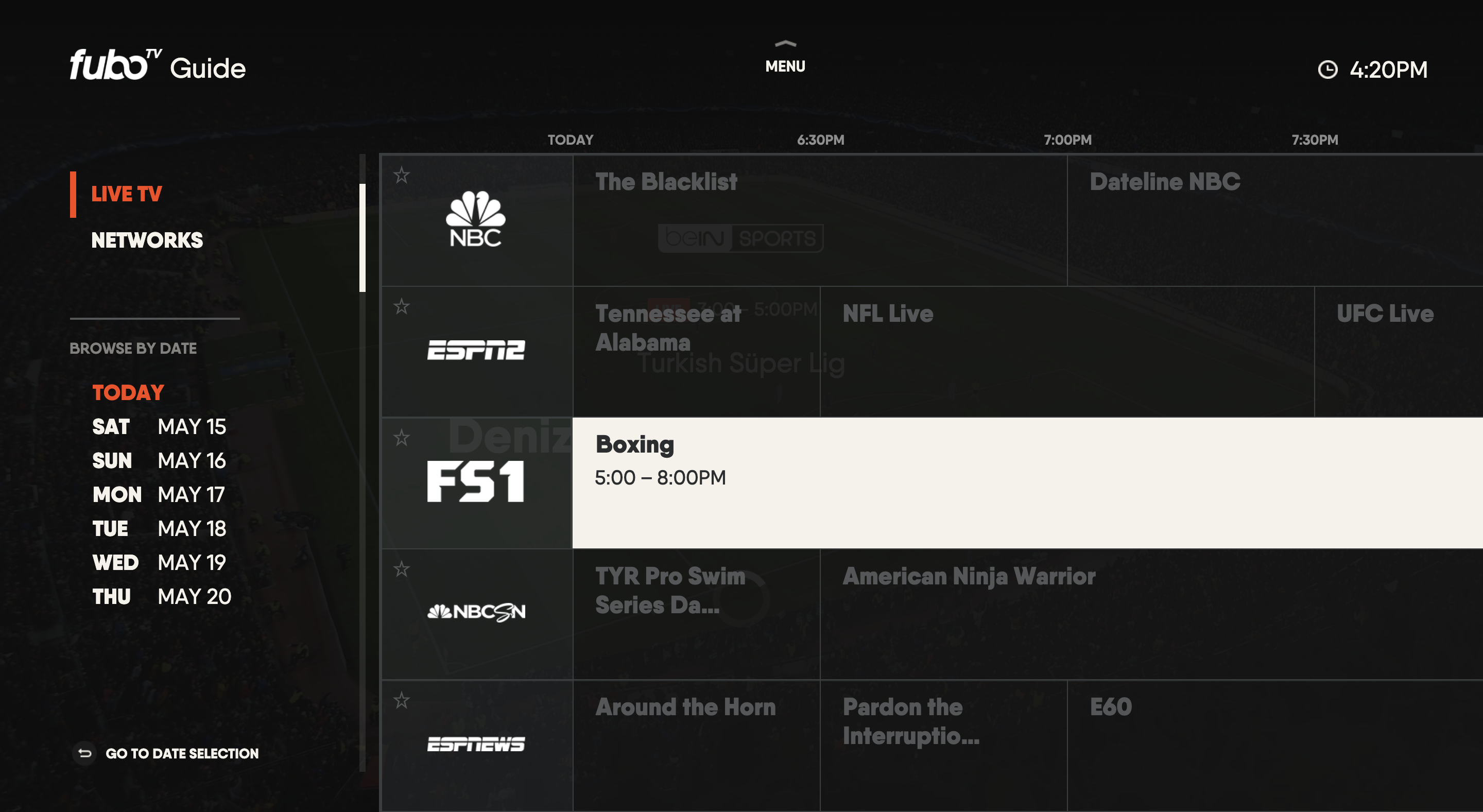 Channel guide for the FuboTV app on LG TV with an upcoming program highlighted