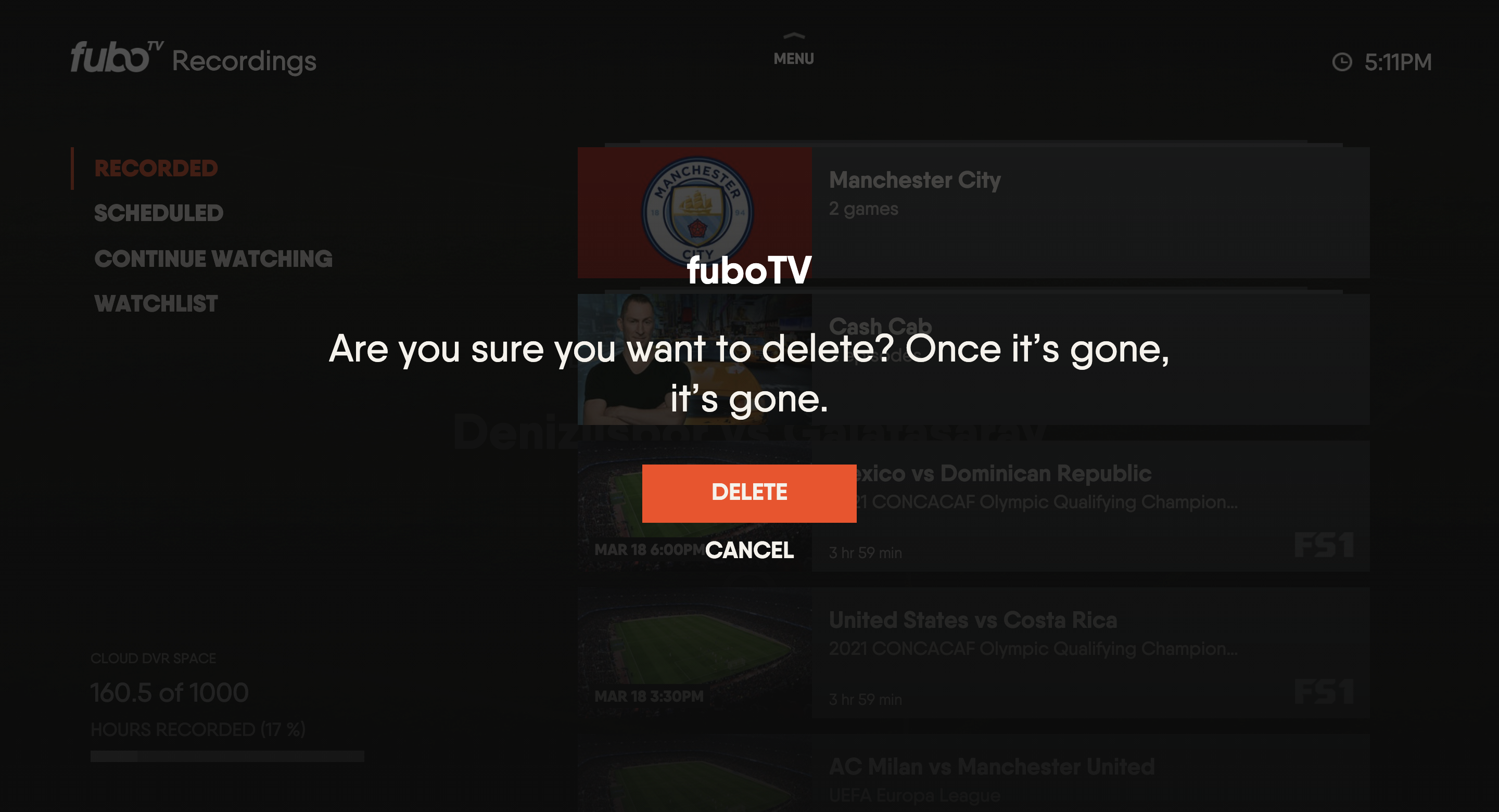 Confirmation screen for deleting a recording from the FuboTV app on a Vizio TV with the DELETE button highlighted