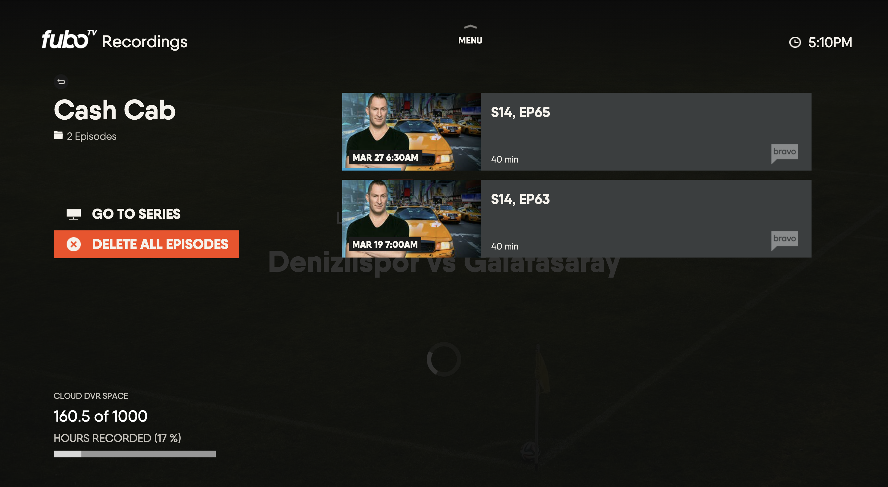 RECORDINGS screen of the FuboTV app on a Vizio TV with a recorded series highlighted
