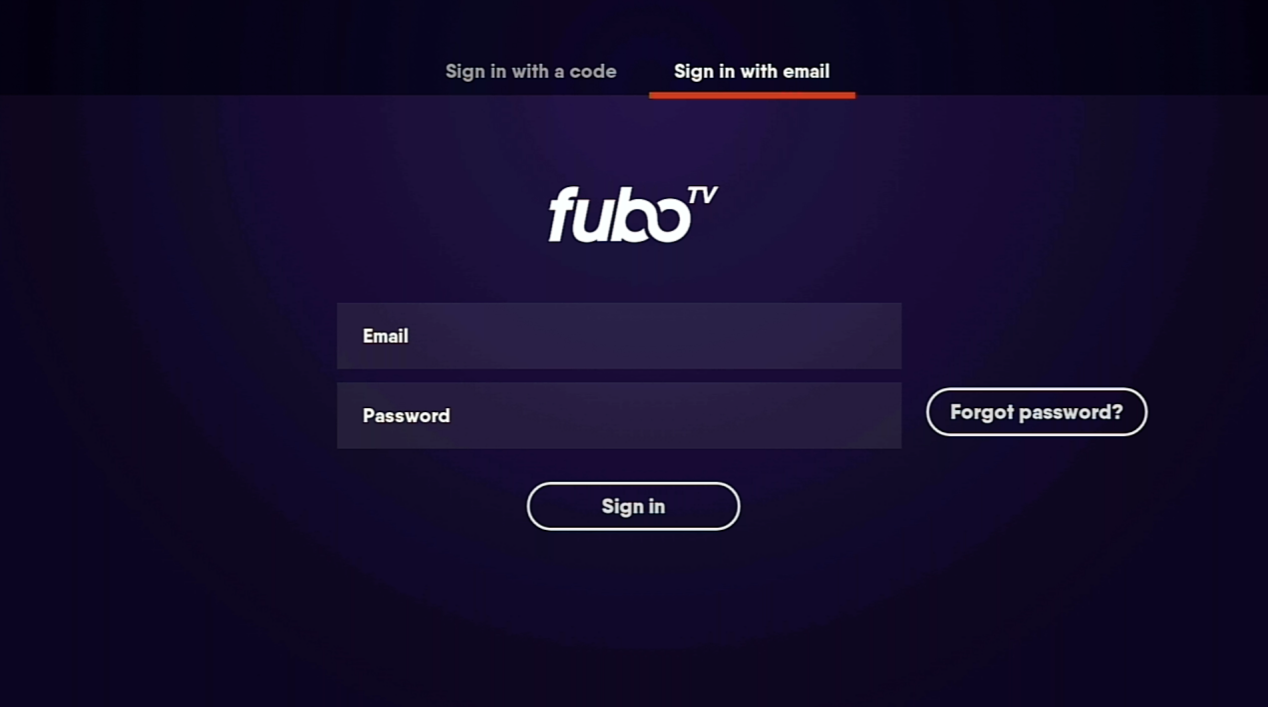 Sign in screen for the FuboTV app on Roku with email and password fields shown