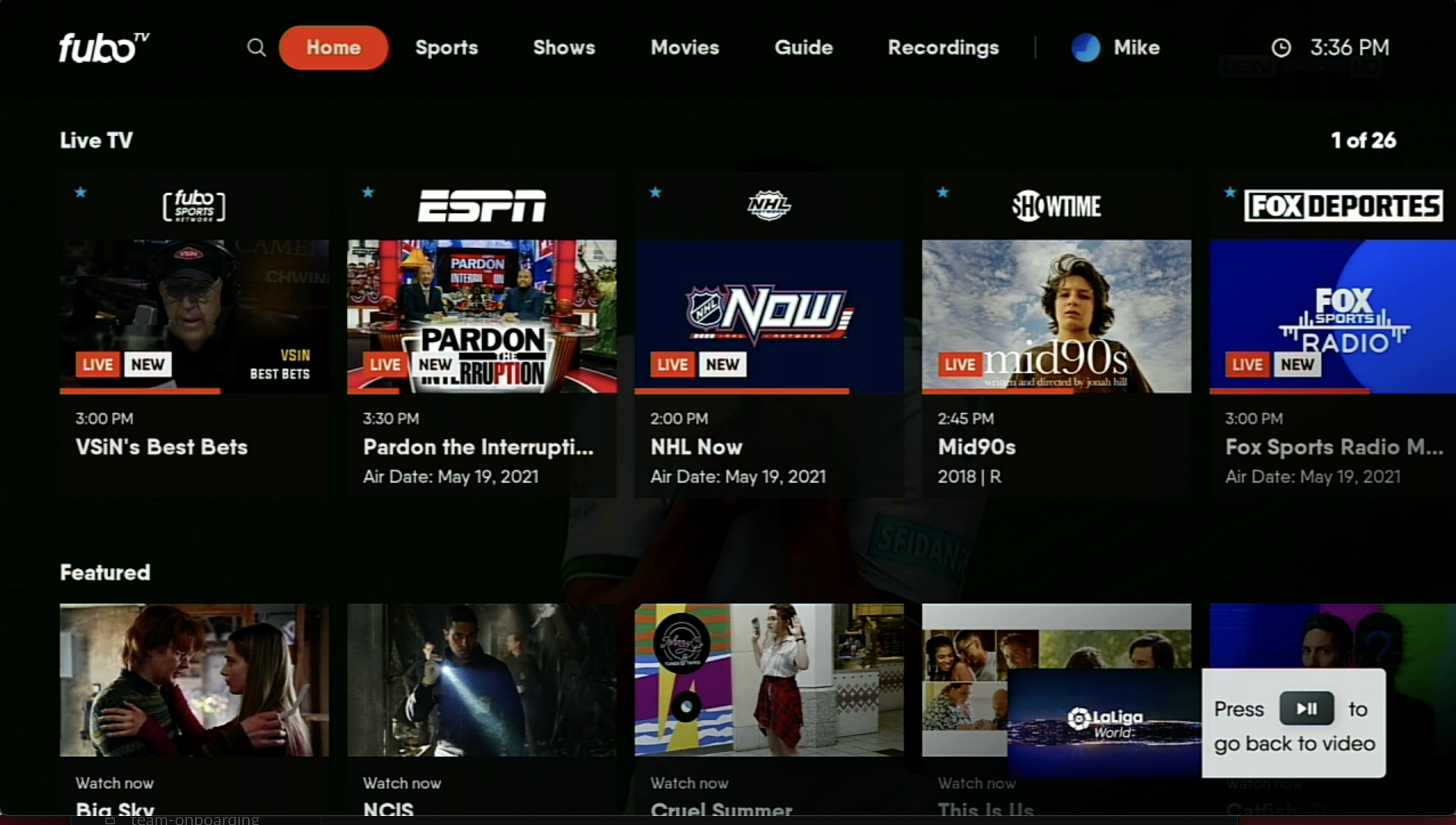HOME screen of the FuboTV app on Roku
