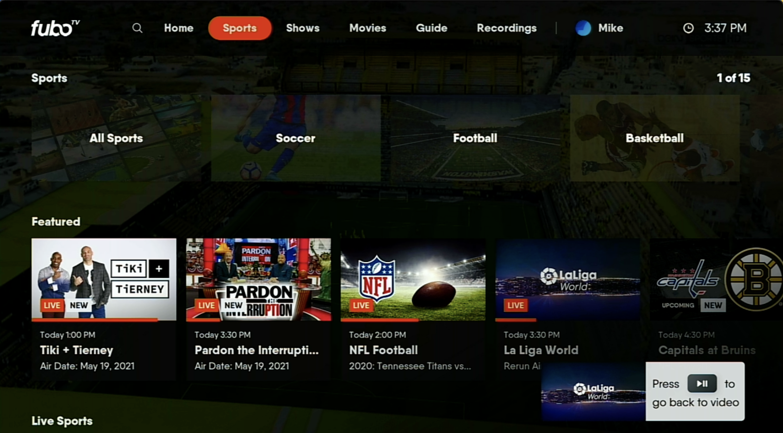 SPORTS screen of the FuboTV app on Roku