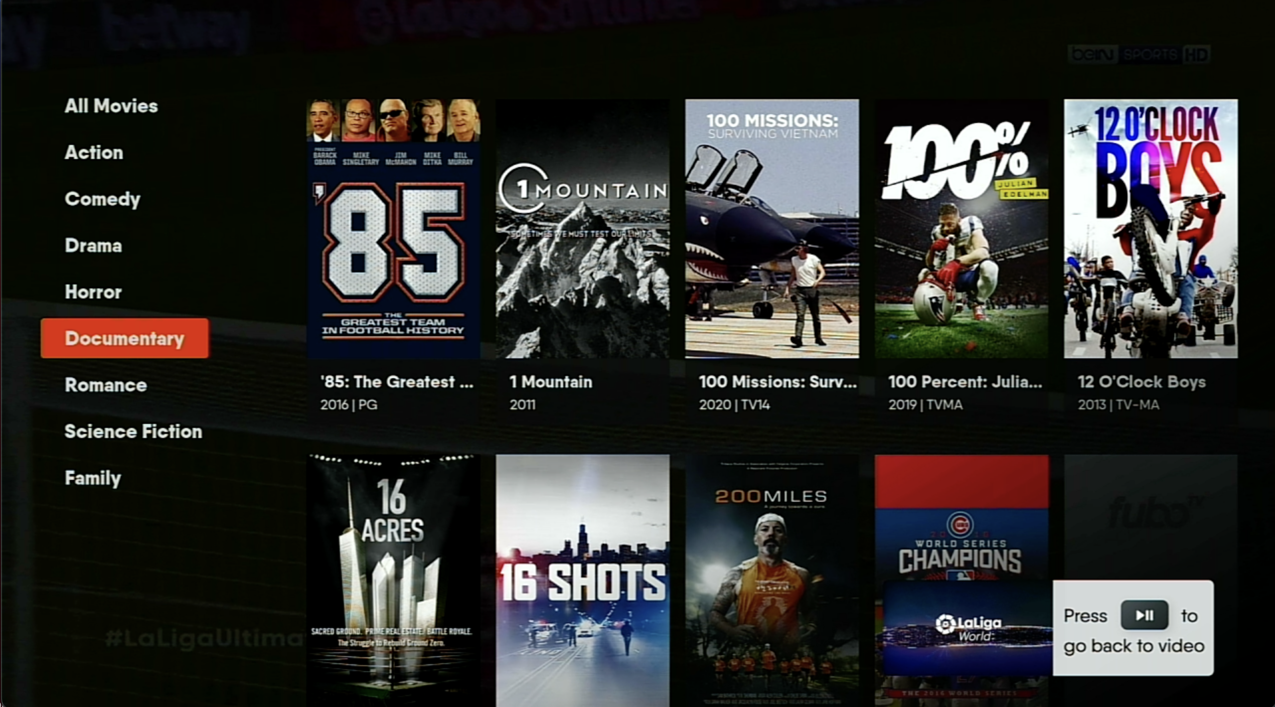 MOVIES screen of the FuboTV app on Roku with genre filters highlighted