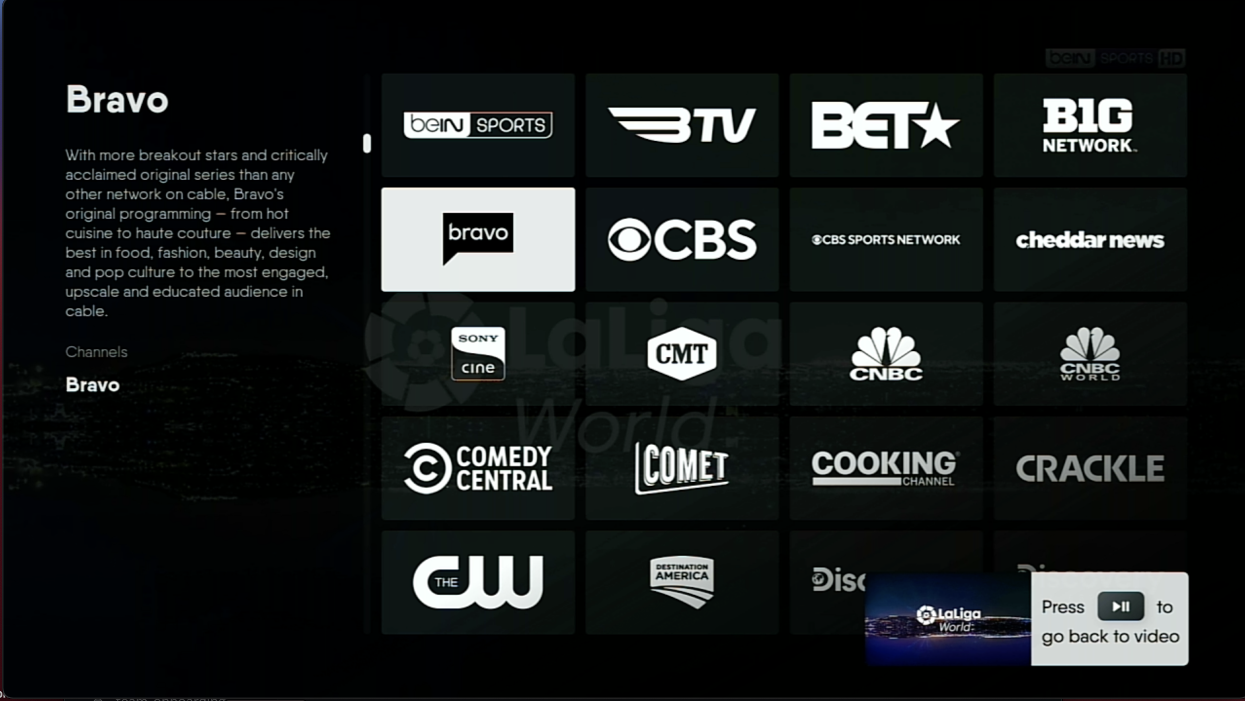 NETWORKS screen of the FuboTV app on Roku, showing available channels in subscription; accessible from the GUIDE