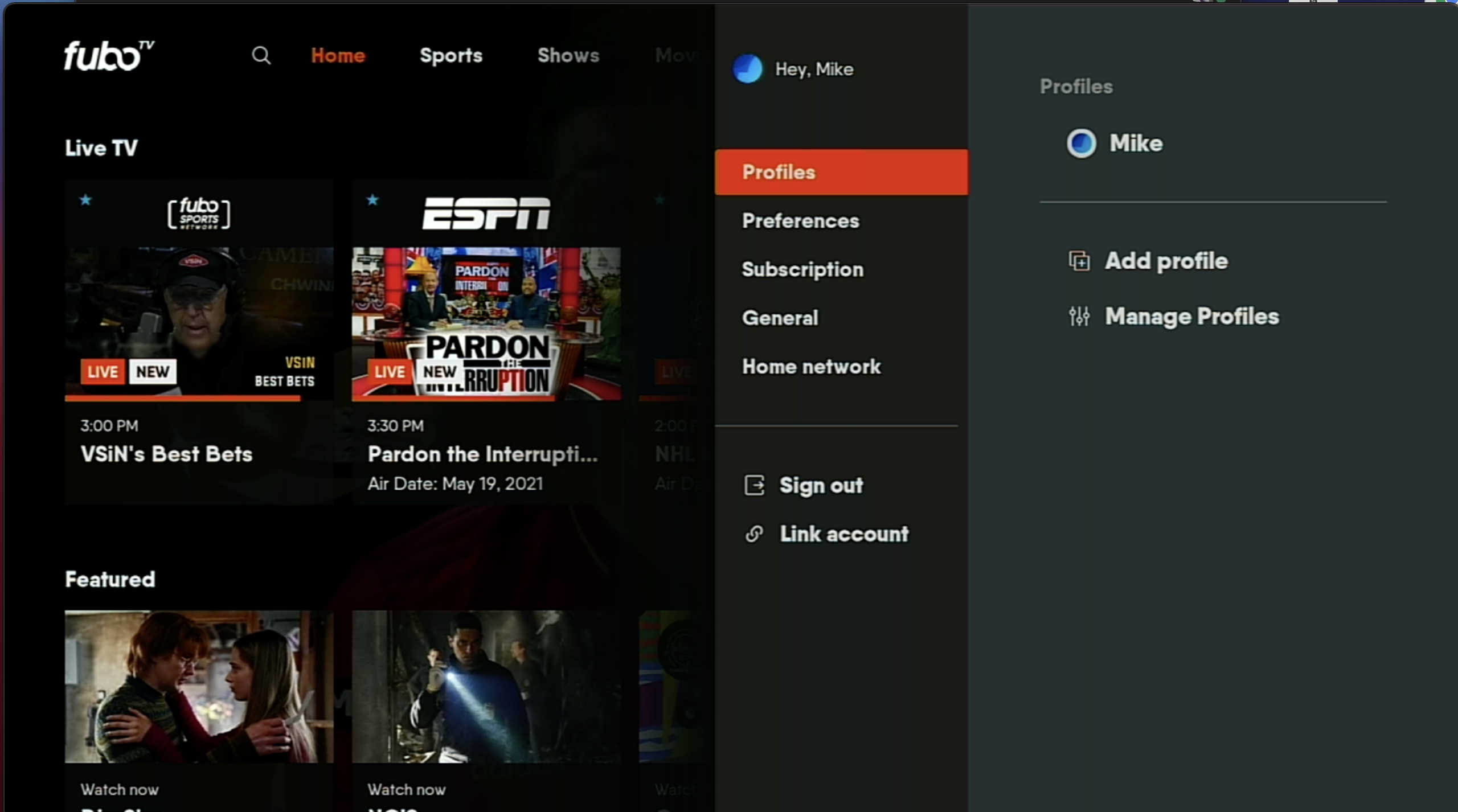 SETTINGS screen for the FuboTV app on Roku with PROFILES tab highlighted
