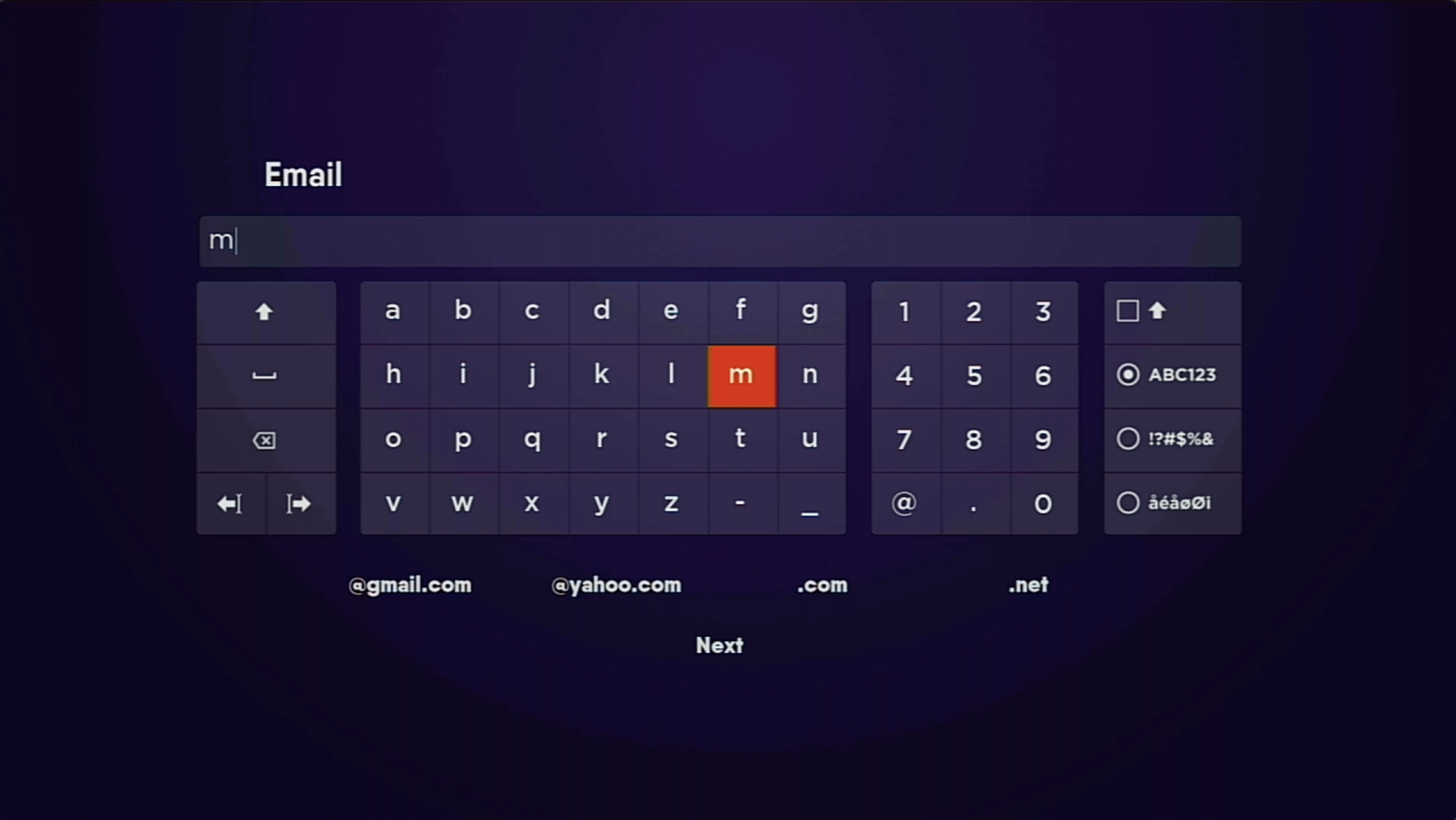 On-screen keyboard for the FuboTV app on Roku; use the Roku remote to navigate and select options