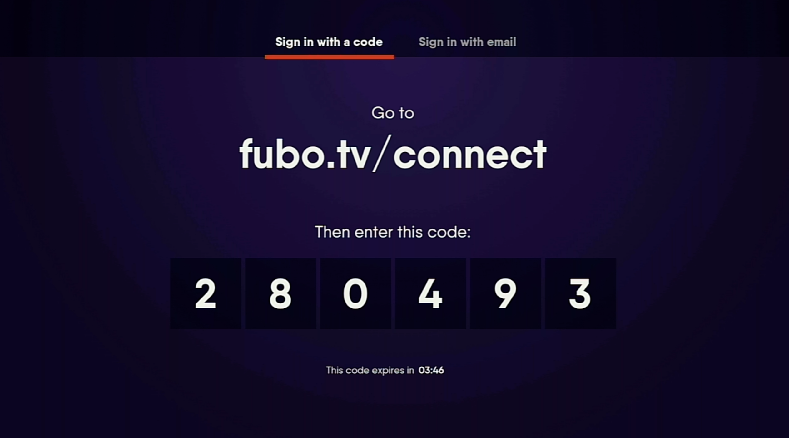 Sample activation code; visit fubo.tv/connect from a computer or mobile device and enter the code to automatically activate FuboTV on the Roku
