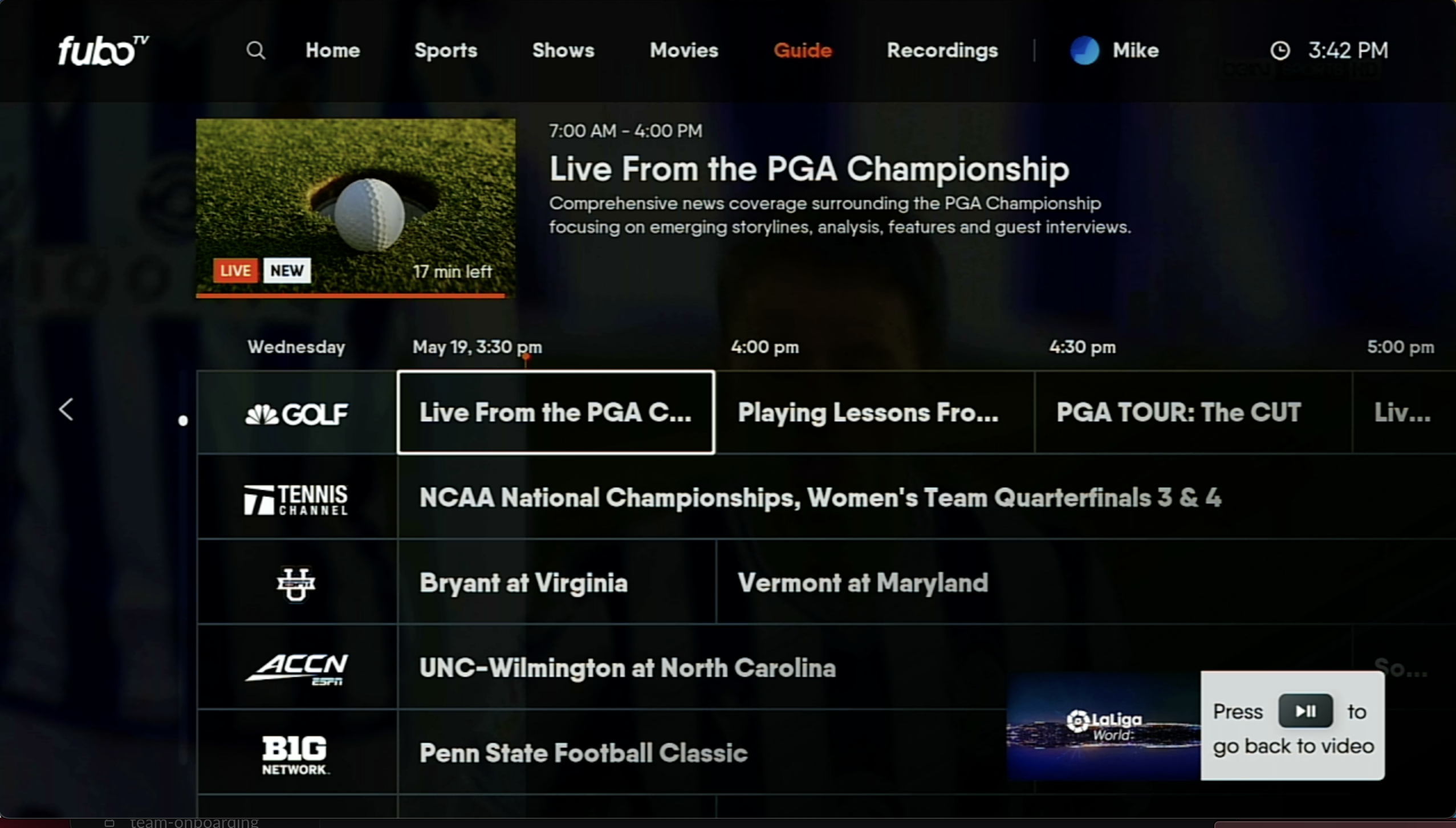 GUIDE screen of the FuboTV app on Roku with SPORTS channel filter selected